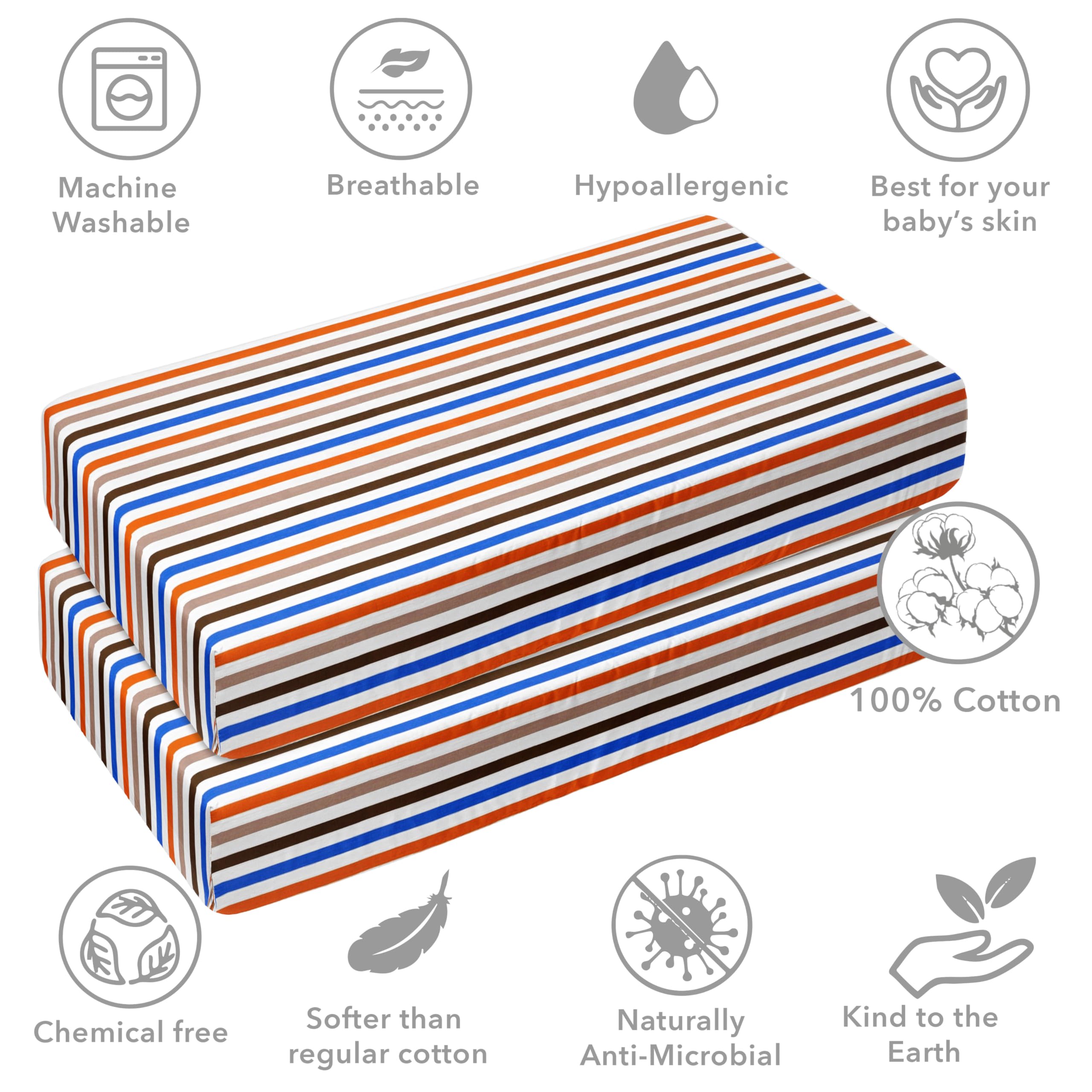 bacati sábanas ajustables para cuna, mod rayas azul/naranja/chocolate (Pack de 2)