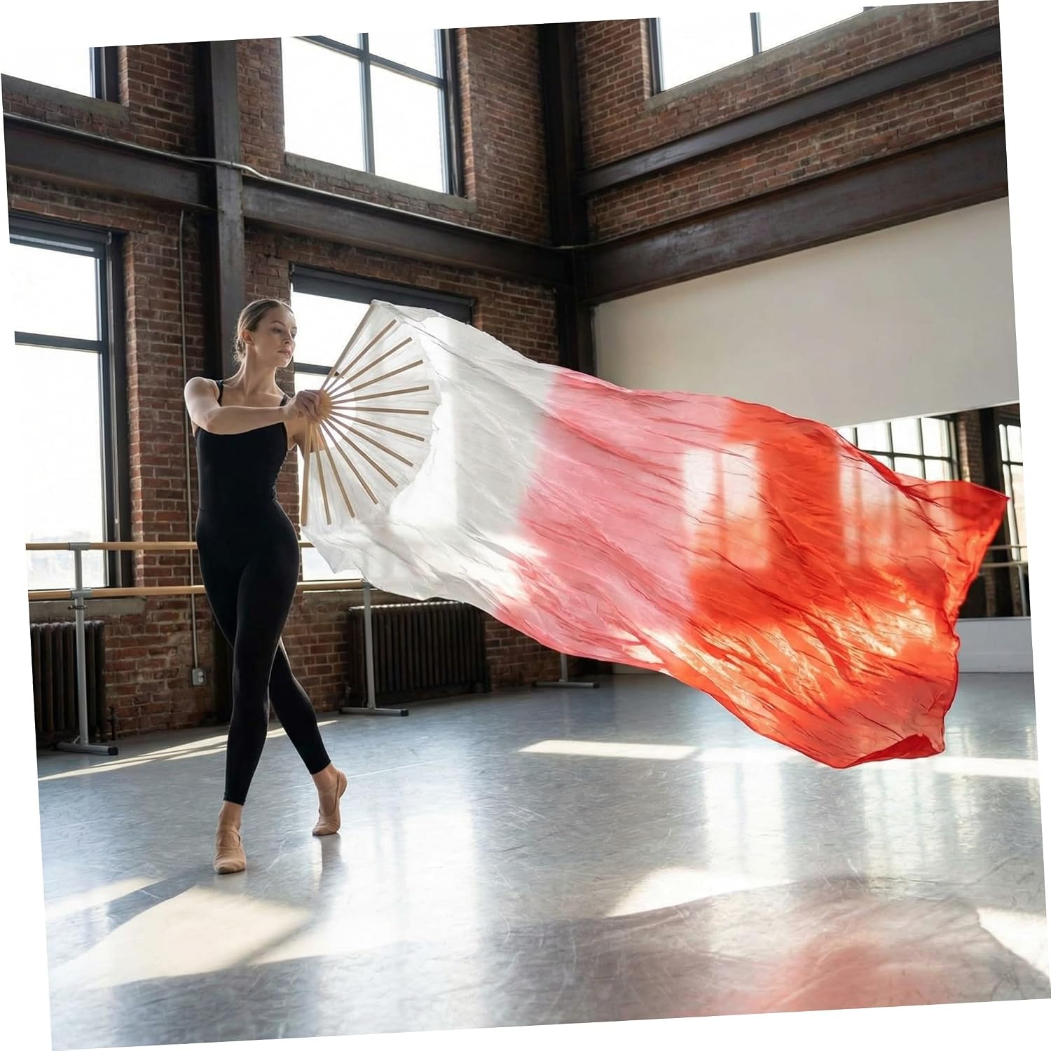 2pcs Gradient Long Silk Belly Dance Fans Veils, Lightweight Fabric Handheld Dance Fans for Stage Performance, 1.8m Extended Length, Right and Left Hand Use, Red Gradient