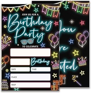 Glow Birthday Party Invitations, Neon Party Birthday Invitations for Boys Girls, 20 Double-Sided Design Birthday Invites with Envelopes (4x6 In), Birthday Party Supplies Favors-A01