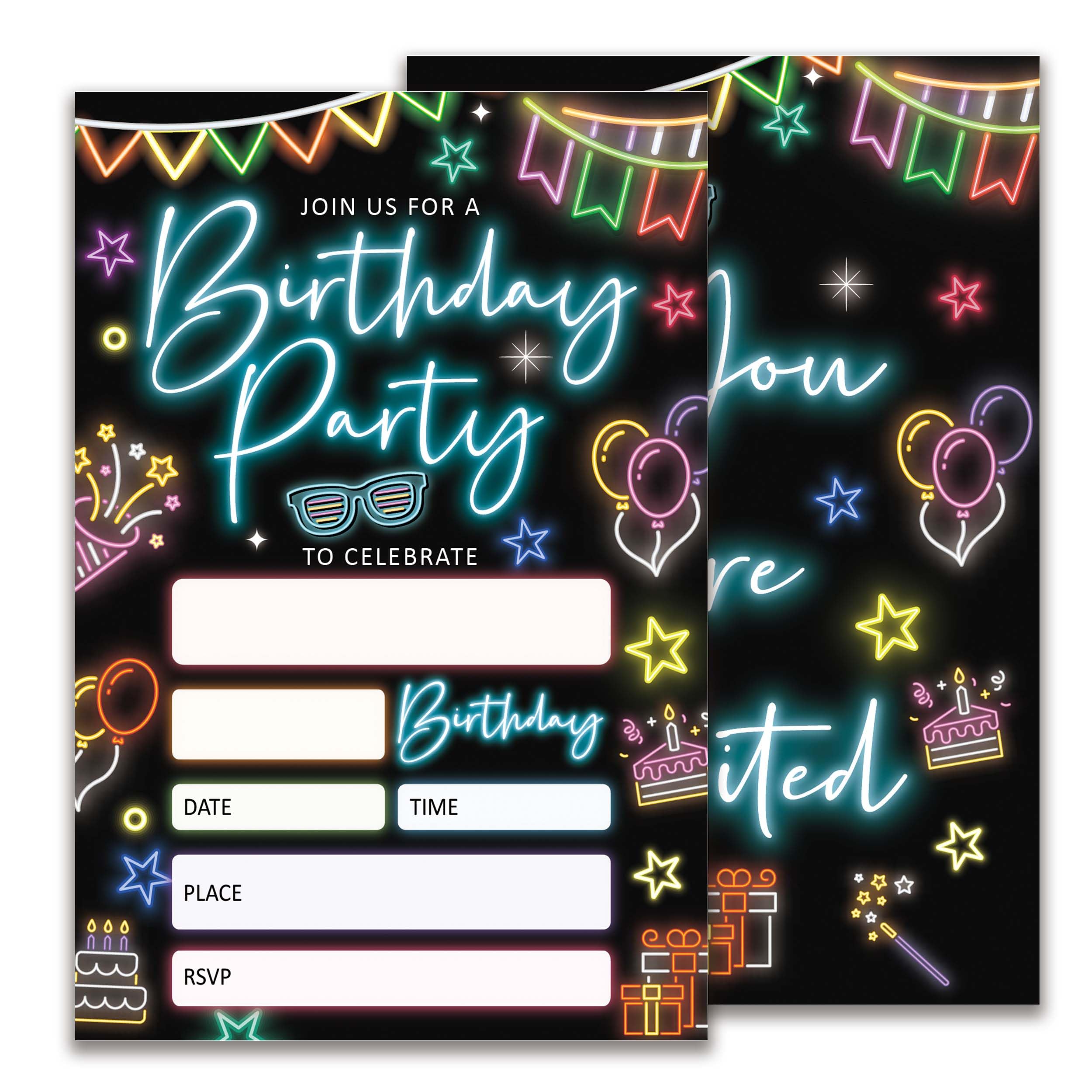 Glow Birthday Party Invitations, Neon Party Birthday Invitations for Boys Girls, 20 Double-Sided Design Birthday Invites with Envelopes (4x6 In), Birthday Party Supplies Favors-A01
