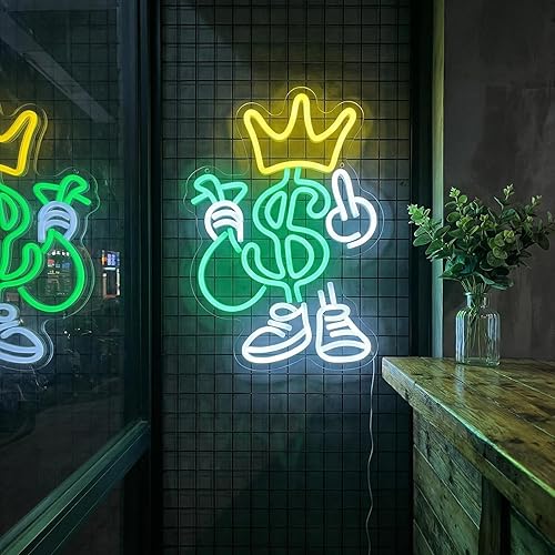 Miniatura 7 de Letreros de neón de dinero para decoración de pared, letreros de luces LED Crown Dollar adecuados para dormitorio, hombre, cueva, bar, pub, bar,