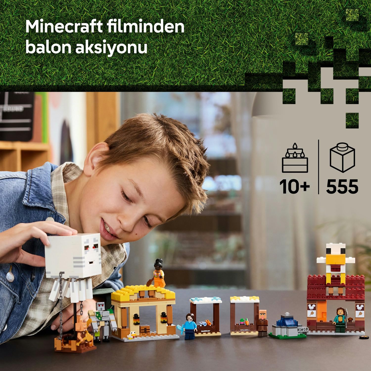 LEGO Minecraft Hortlak Balon Köy Saldırısı 21273-10 Yaş ve Üzeri Çocuklar için Steve, Dawn, Piglin ve Duruşu Ayarlanabilir Demir Golem Minifigürleri İçeren Yaratıcı Oyuncak Yapım Seti (555 Parça)