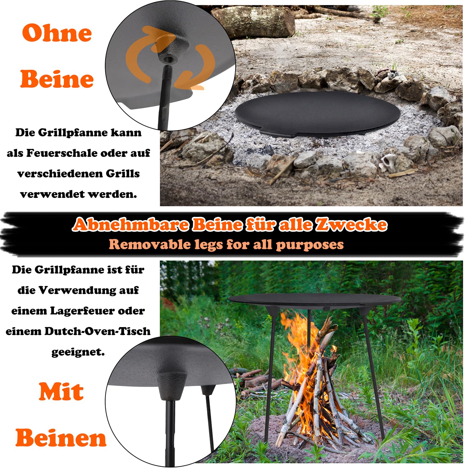 LZQ Sartén de hierro fundido redonda 45 cm para barbacoa con trípode extraíble y placa de horno holandés