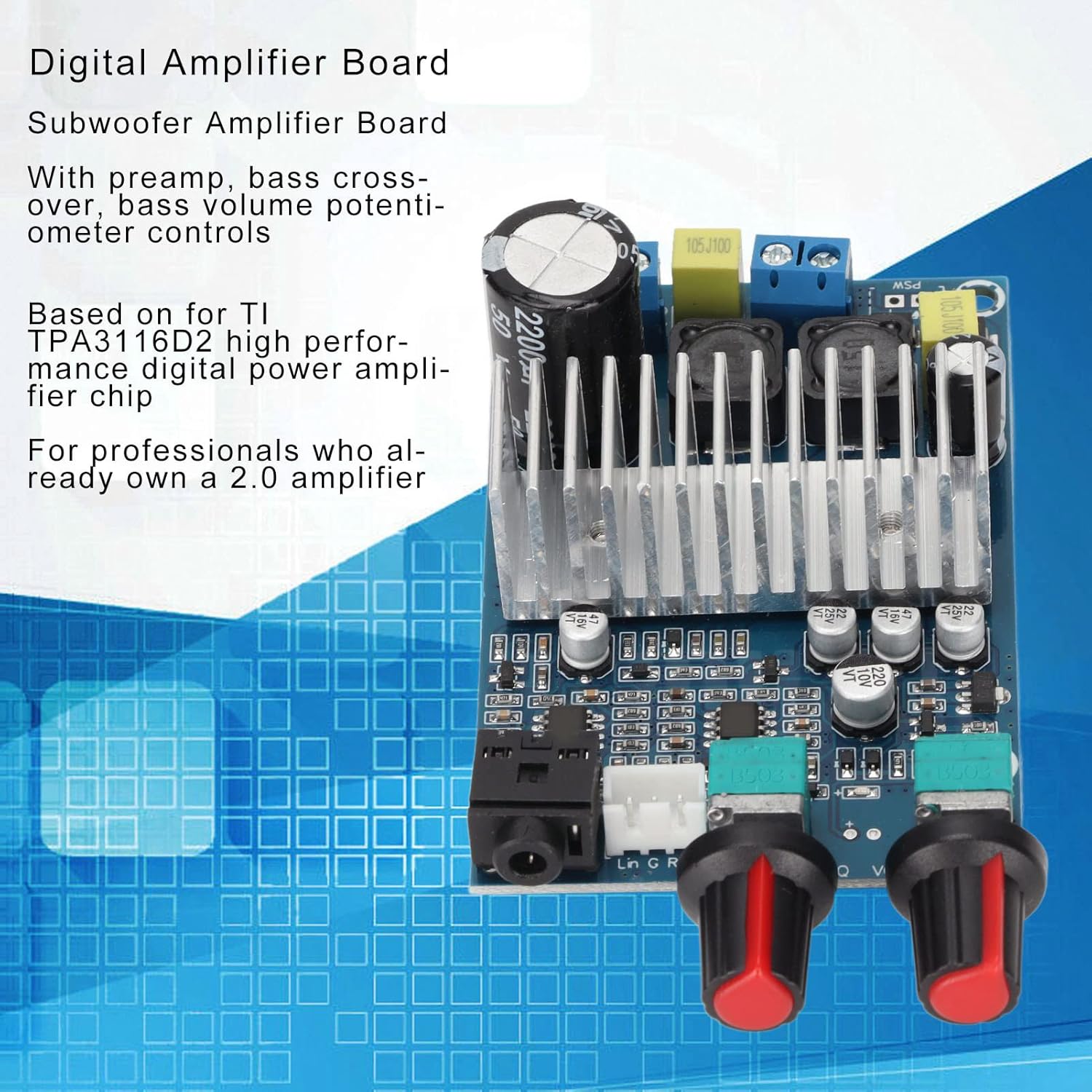 Amplifier board highlighting preamplifier and bass crossover