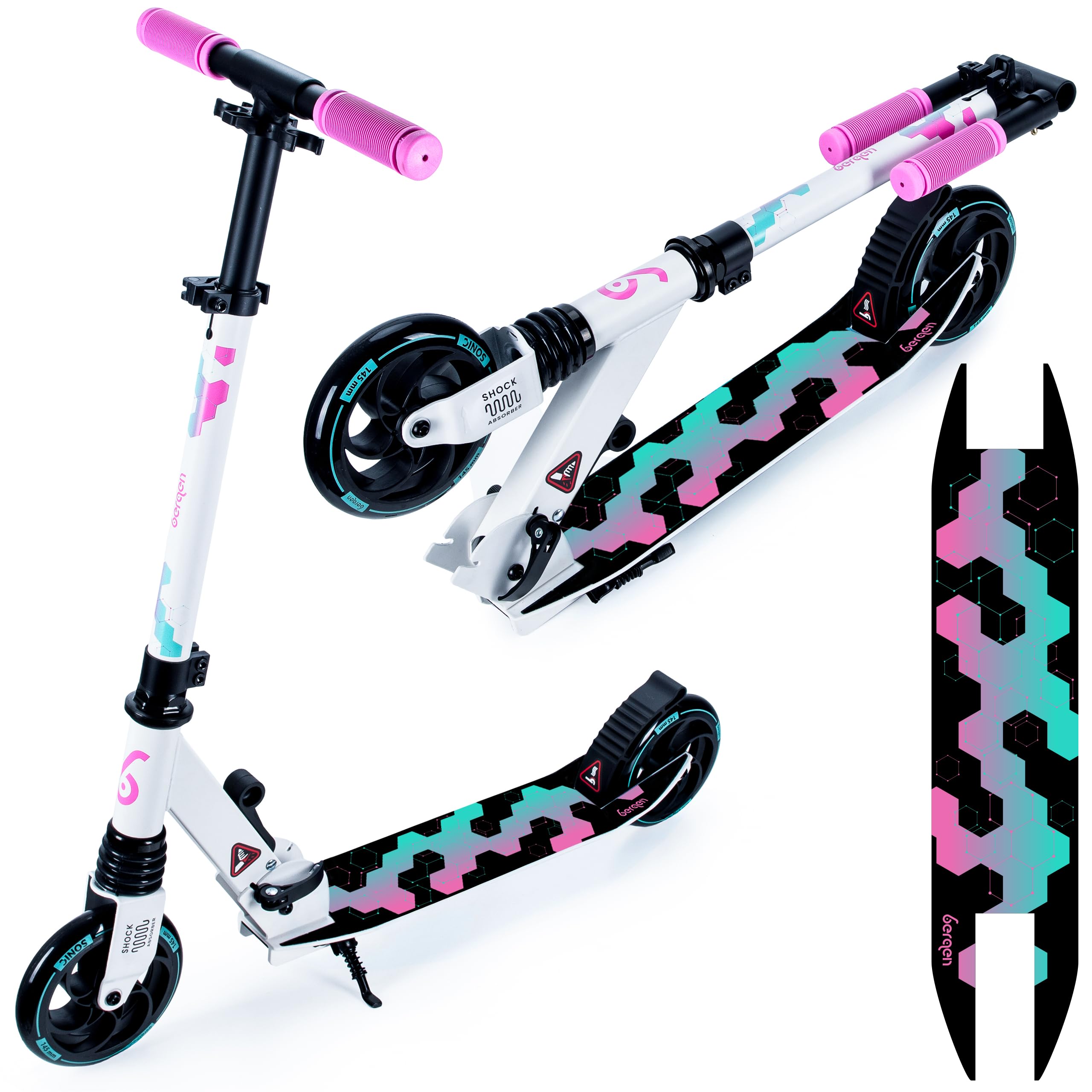 Bergen City Scooter hulajnoga Sonic – składana, aluminium, koła PU 145 mm, amortyzator, hamulec tylny, 3-stopniowa regulacja wysokości, od 5 lat, lekka, zapasowa folia ochronna