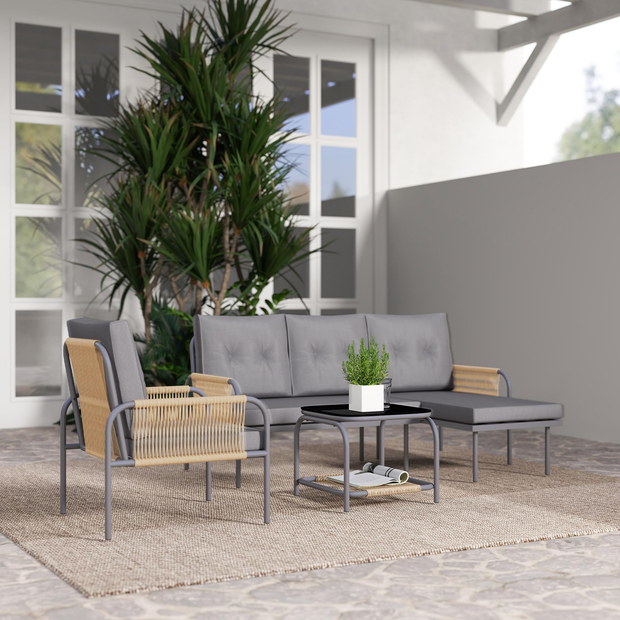 Outsunny Set di Mobili da Giardino in Rattan 4 Pezzi, Salotto da Esterno con Divanetto 2 Posti, Poltrona, Chaise Longue con Cuscini Lavabili e Tavolino in Vetro, Set Giardino Esterno, Grigio Scuro