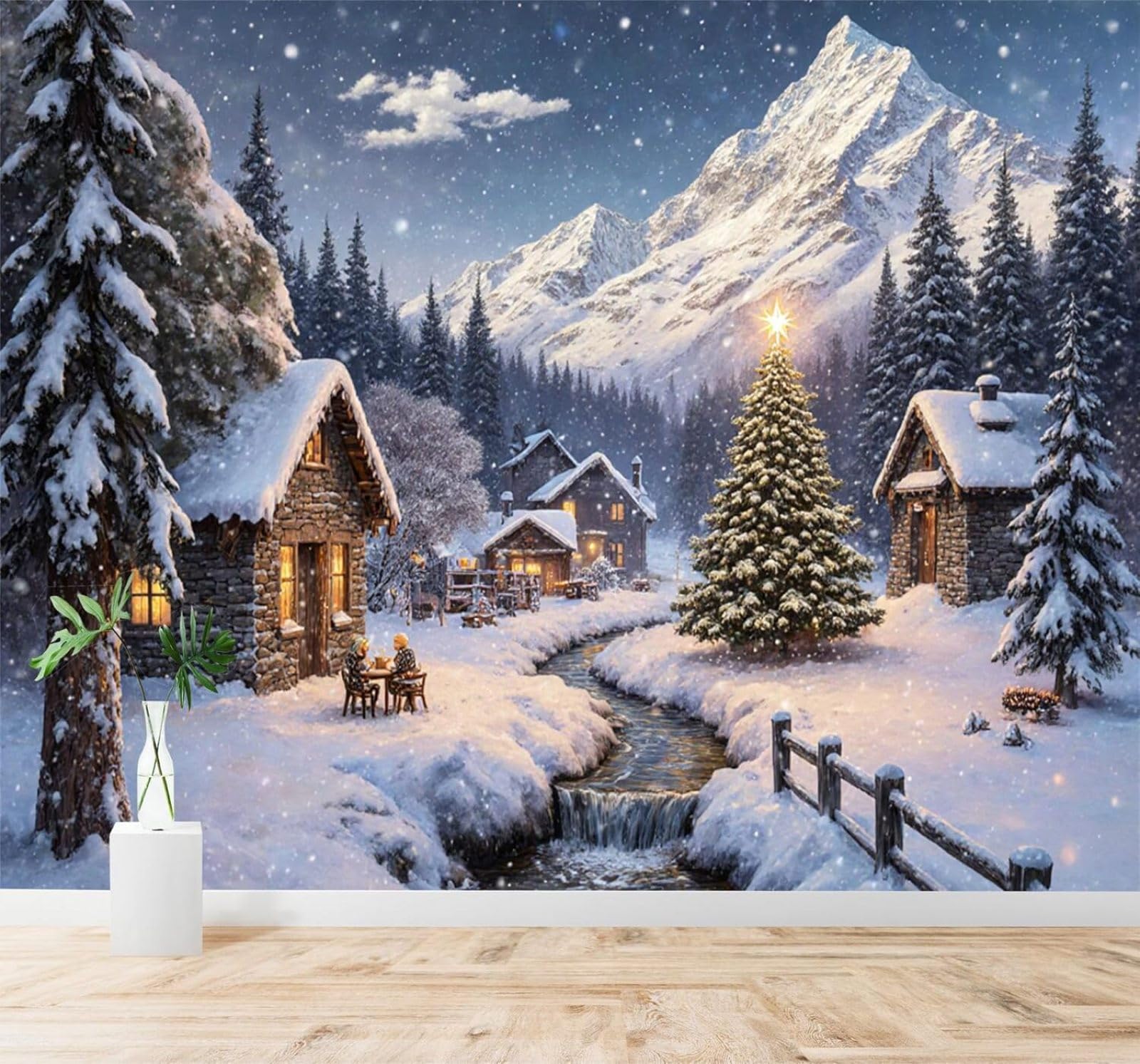 XLMING Snow Capped Mountains Village Pine Trees River Cosy Cottage 3D Wallpaper Premium Textured Silk Study Dining Living Room Bedroom Sofa TV Wall Easy Install-250cm×170cm