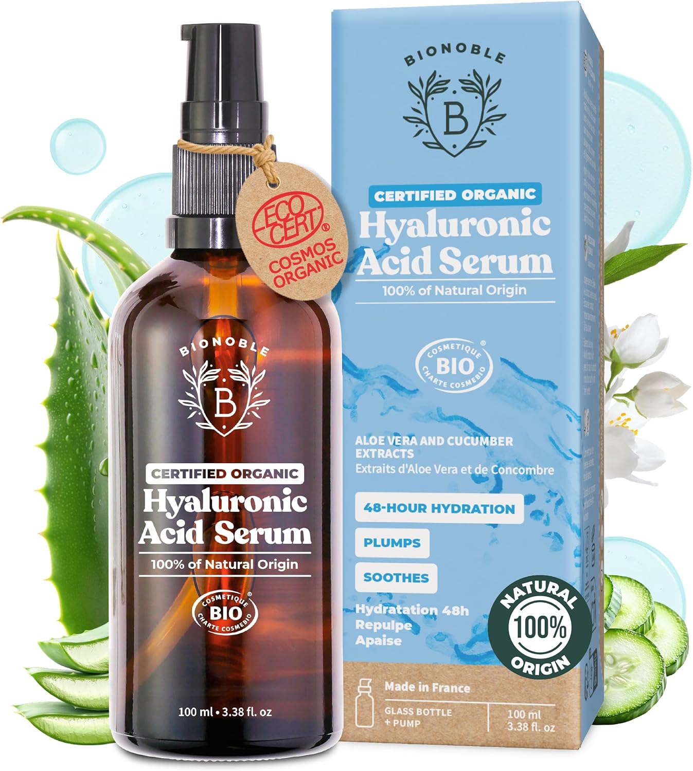 BIONOBLE Hyaluronic Acid Serum for Face Certified Organic – Hydrating, Anti Aging, Wrinkle – Face Serum for Women Mature Skin and All Types – Vegan Pure Hyaluronic Acid – Glass Bottle, Pump – 100ml