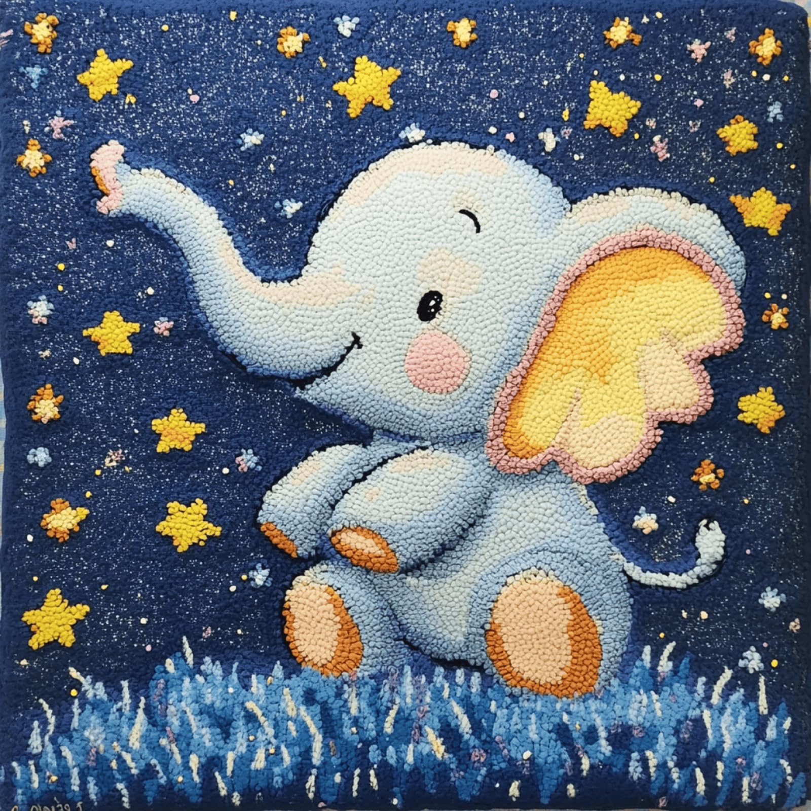 Taxpy Latch Hook Cushion Kit for Adults,Baby Elephant,17x17in DIY Pillow Cover Craft Kit with Pre-Printed Canvas,Yarn & Hook Tool,Beginner Friendly Needlework Craft for Home Decor & Gifts