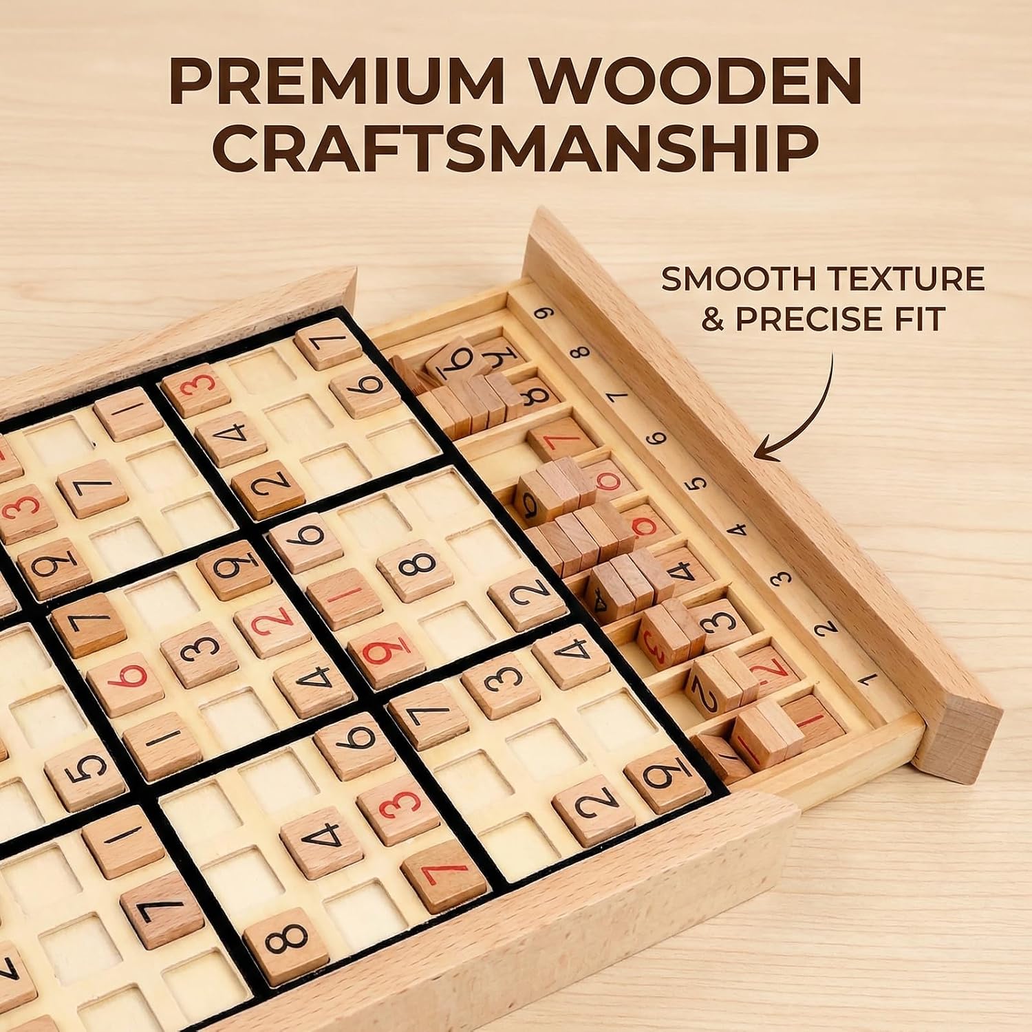 Wooden Sudoku Puzzle Board Game with Drawer, Includes Extra Number Tiles and Puzzles Booklet, Educational Logic Brain Teaser Toy for Adults (Black)​