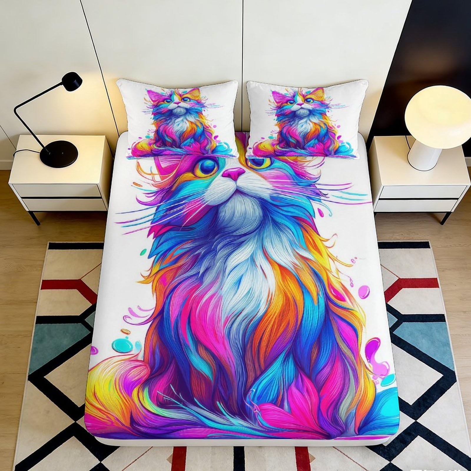 3D Printed Colorful Cat Fitted Sheet Microfiber Soft Bed Sheet for Bedroom Decor Dorm Mattress Protection 90x200x25cm