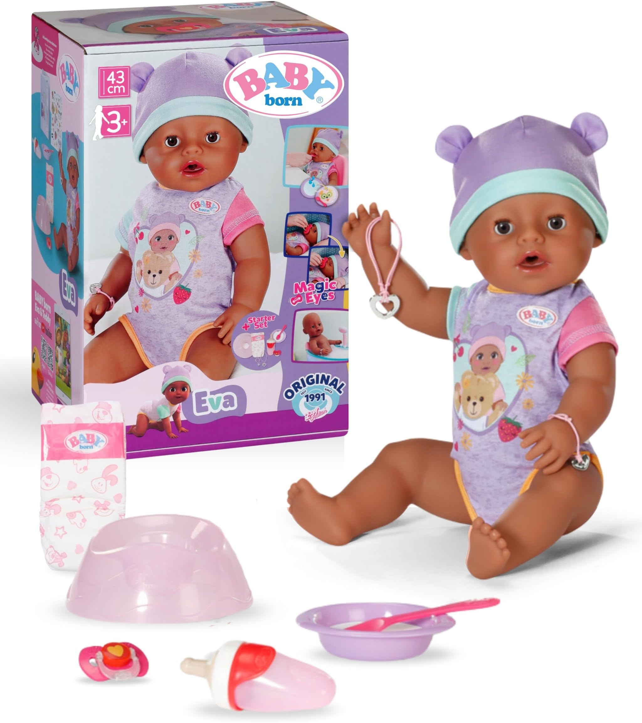 Baby Born Eva - 43 cm Baby Doll - 10 Functions Including Accessories & Rompers - Works Completely Without Batteries - Suitable for Children from 3 Years