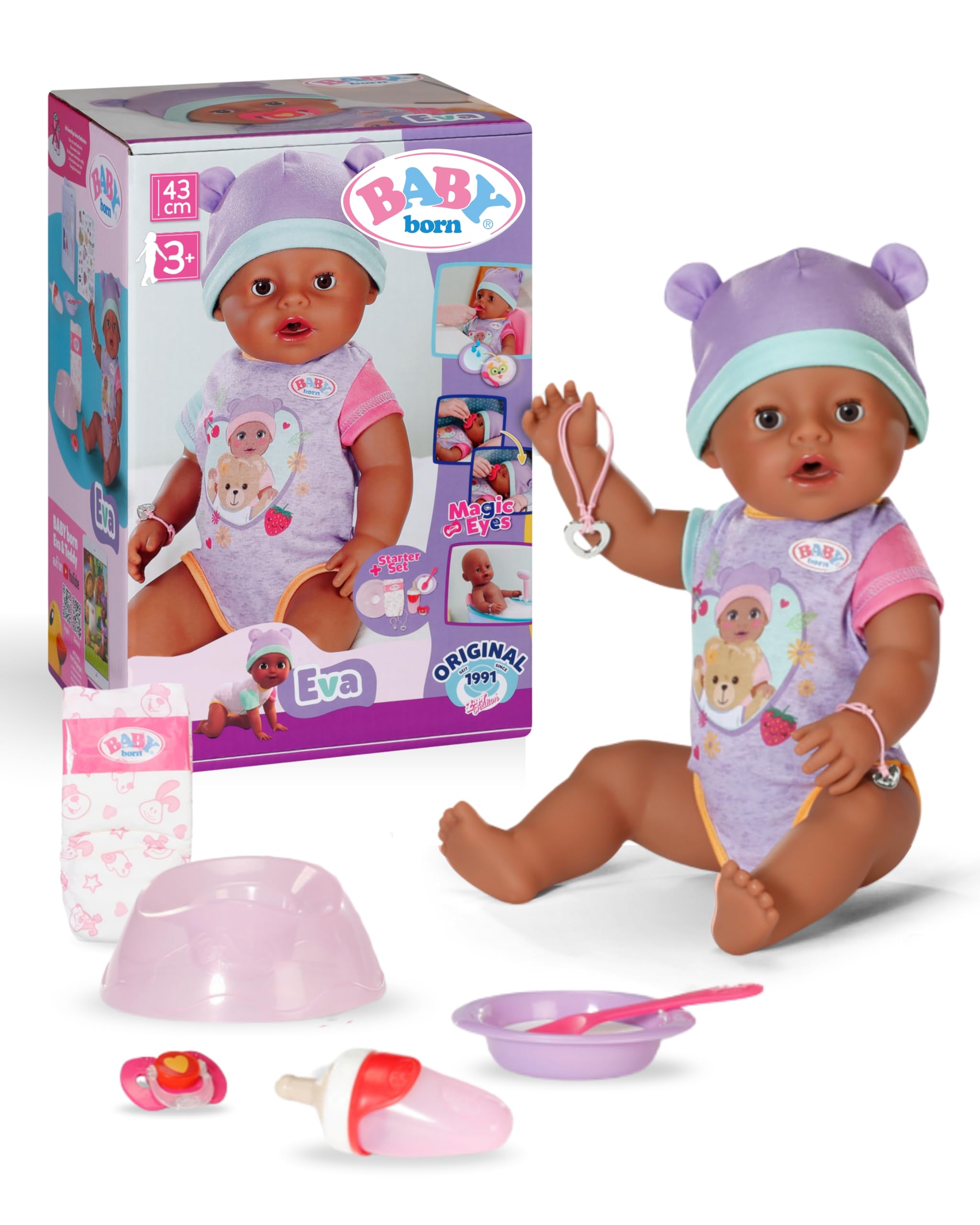 BABY born Eva 43cm, ​​Baby Doll with 10 lifelike functions and accessories- Suitable for Children Aged 3+