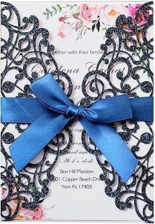 Egurs Glittzer - Juego de 50 tarjetas de invitación de boda con encaje cortado a láser y cinta de seda, diseño floral, invitaciones de boda, para compromiso, cumpleaños, día de la madre, color azul