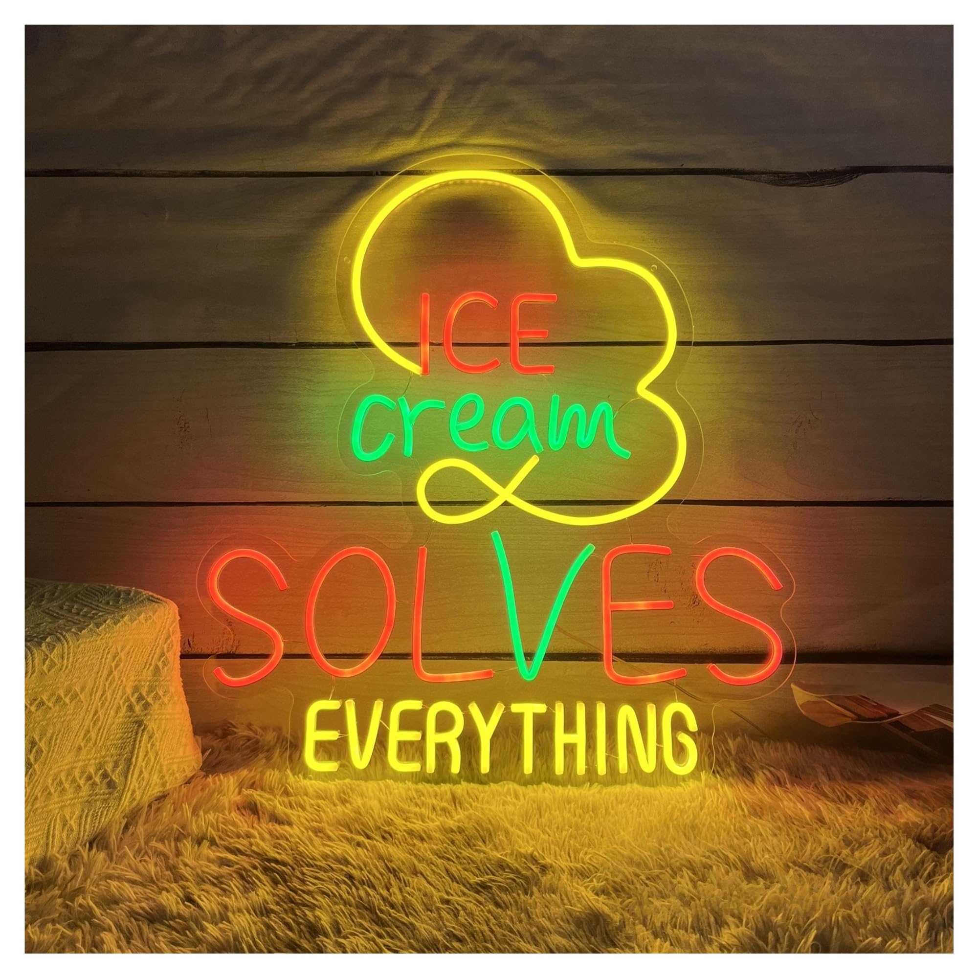 SHOUXI Sign Lamp Ice Cream Solves Everything Neon Sign, Cone Light Wall Decor Shop Open 46.5cmx50cm(B)