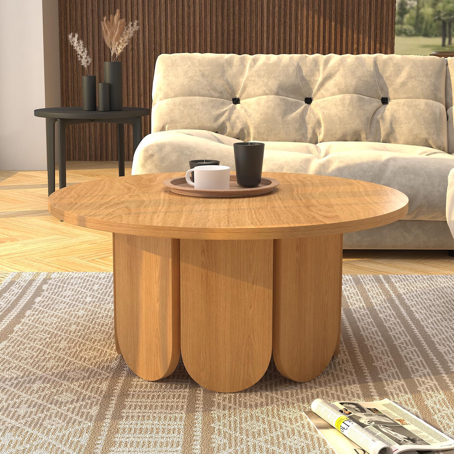 Oak Round Coffee Table, Mid Century Modern Coffee Table with Solid Tabletop, Wooden Circle Coffee Table for Living Room and Apartment, Easy Assembly