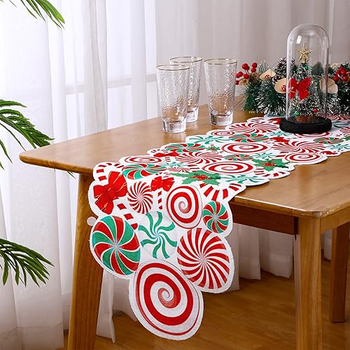 Kingdder Camino de mesa de Navidad con bastón de caramelo, rojo, blanco, verde, piruleta, arco de menta, decoración de fiesta de Navidad, centro de