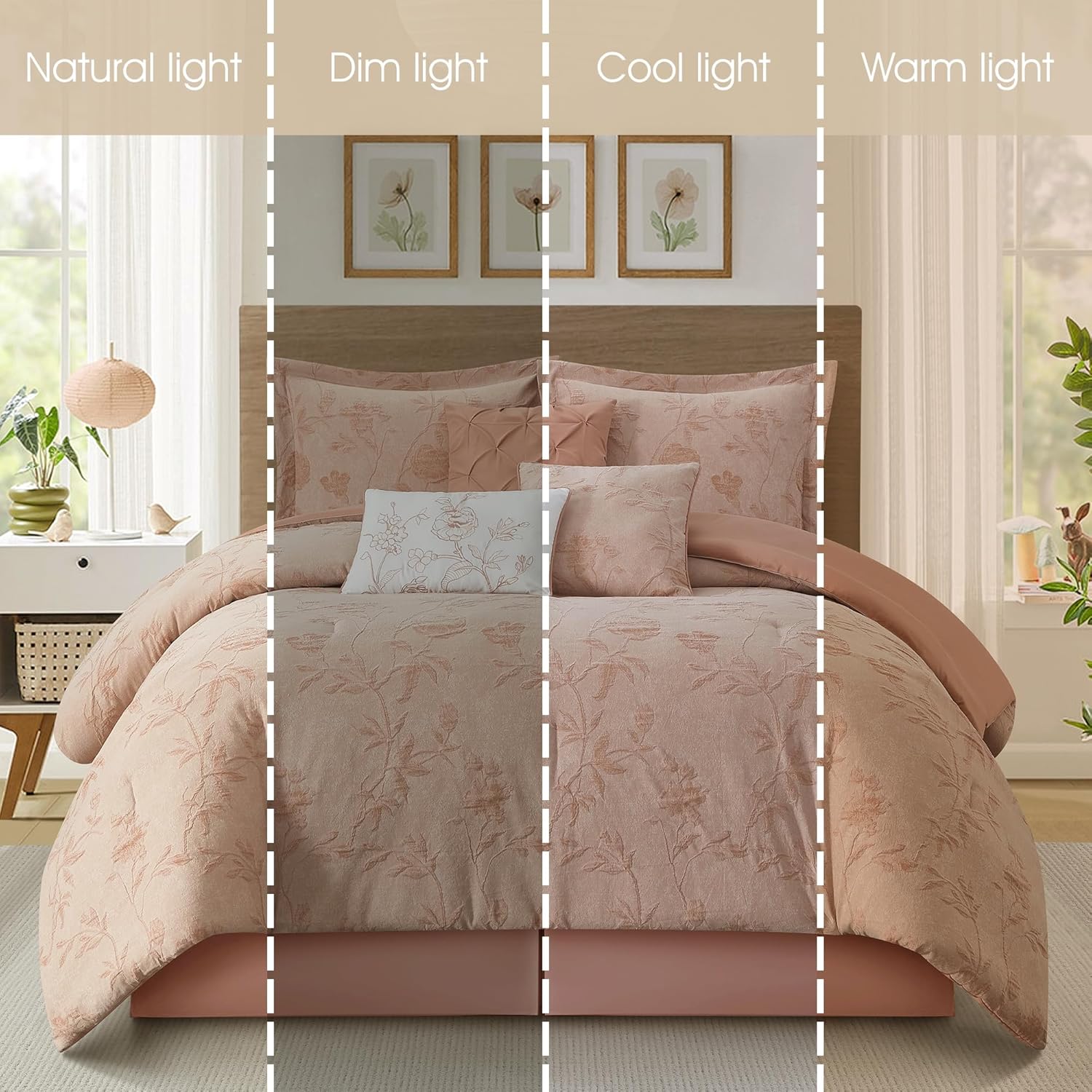 Grand Avenue Floral Comforter Set Queen Size, Blush 7 Pieces Jacquard Bedding Set, Cotton &Polyester Bedding, All Season, Bedskirt, Pillows Shams
