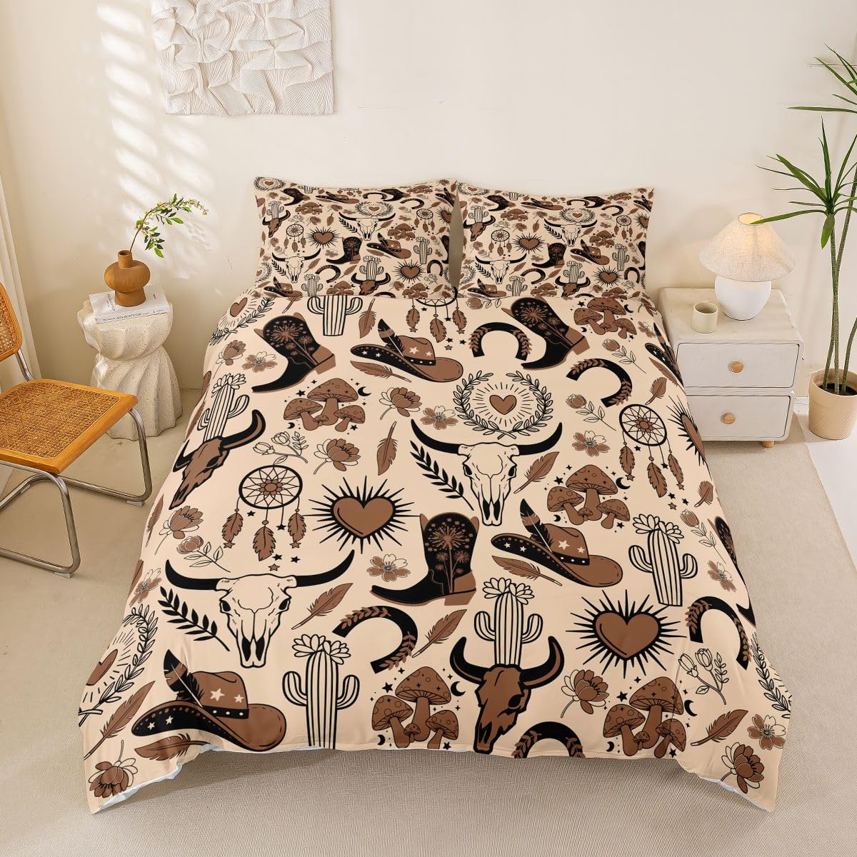 Manfei Cowboy Duvet Cover Set King Size, American Western Bedding Set 3pcs for Kids Boys Teens Room Decor, Retro Skull Cowboy Boots Hats Comforter Cover Soft Polyester Quilt Cover with 2 Pillowcases