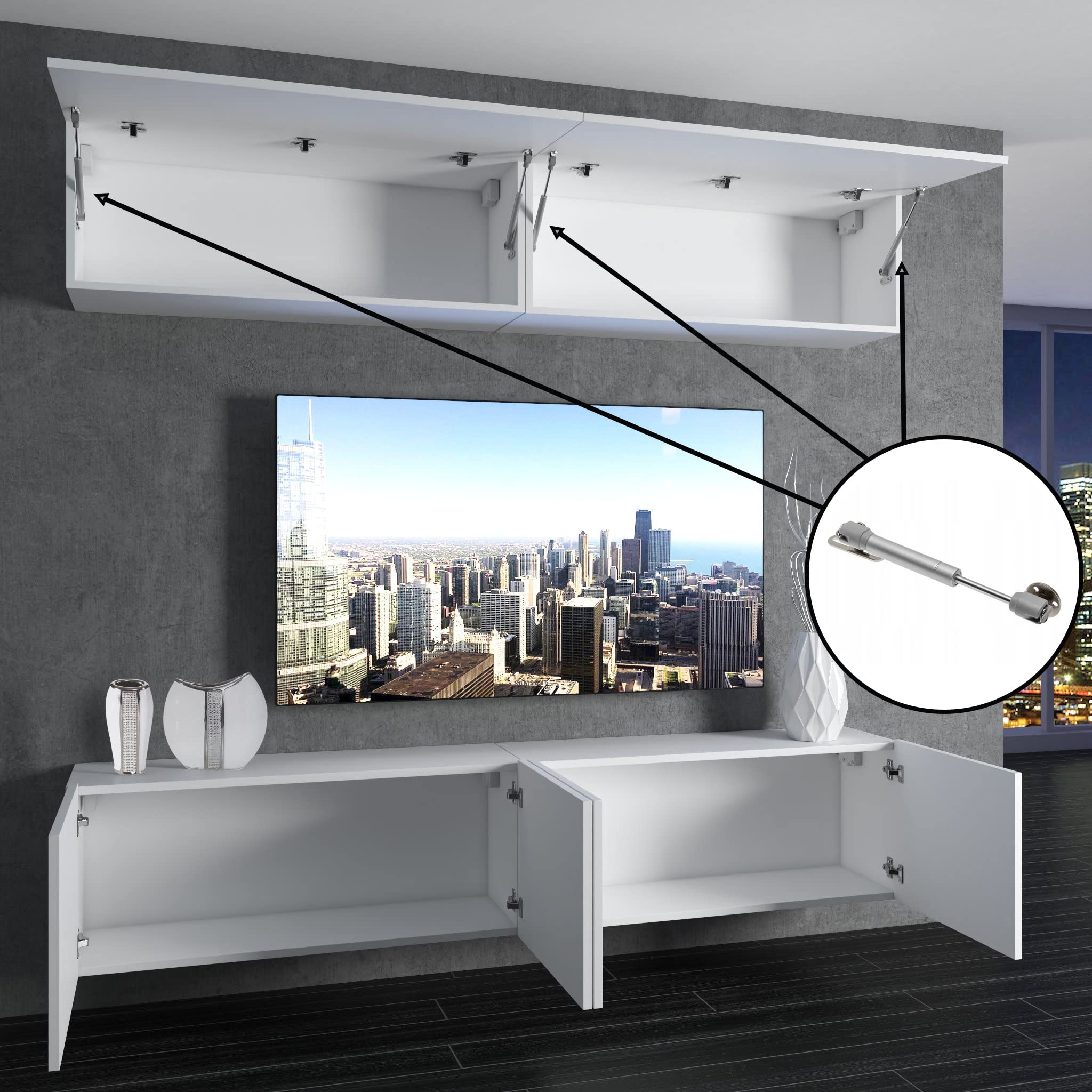 Belini - Set completo da parete per soggiorno, moderno, con illuminazione a LED, colore: Bianco