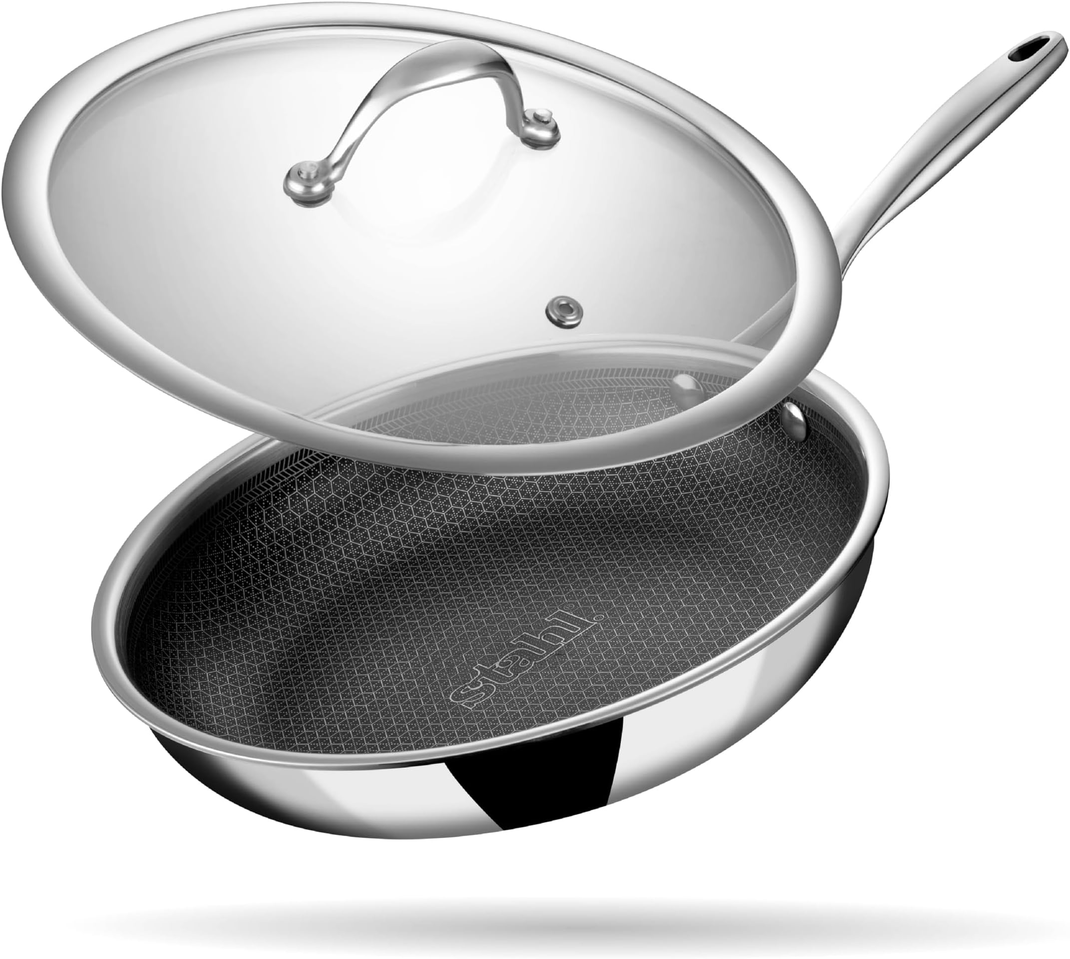 Stahl Artisan Hybrid 2 L, 24 cm Triply Frying Pan with Lid | Induction & Gas Stove Compatible | Honeycomb Non Stick Fry Pan, Metal Spoon Friendly