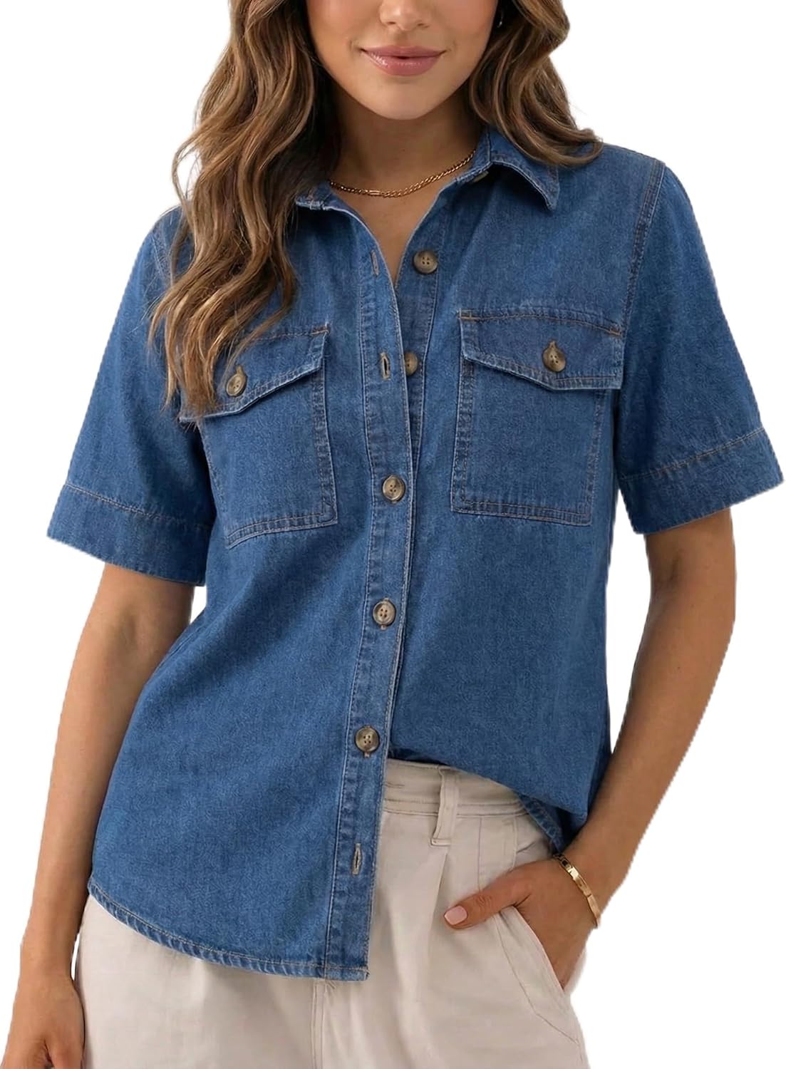 Denim Shirt Women Short Sleeve Button Down Jean Shirt Casual Denim Top with Pockets