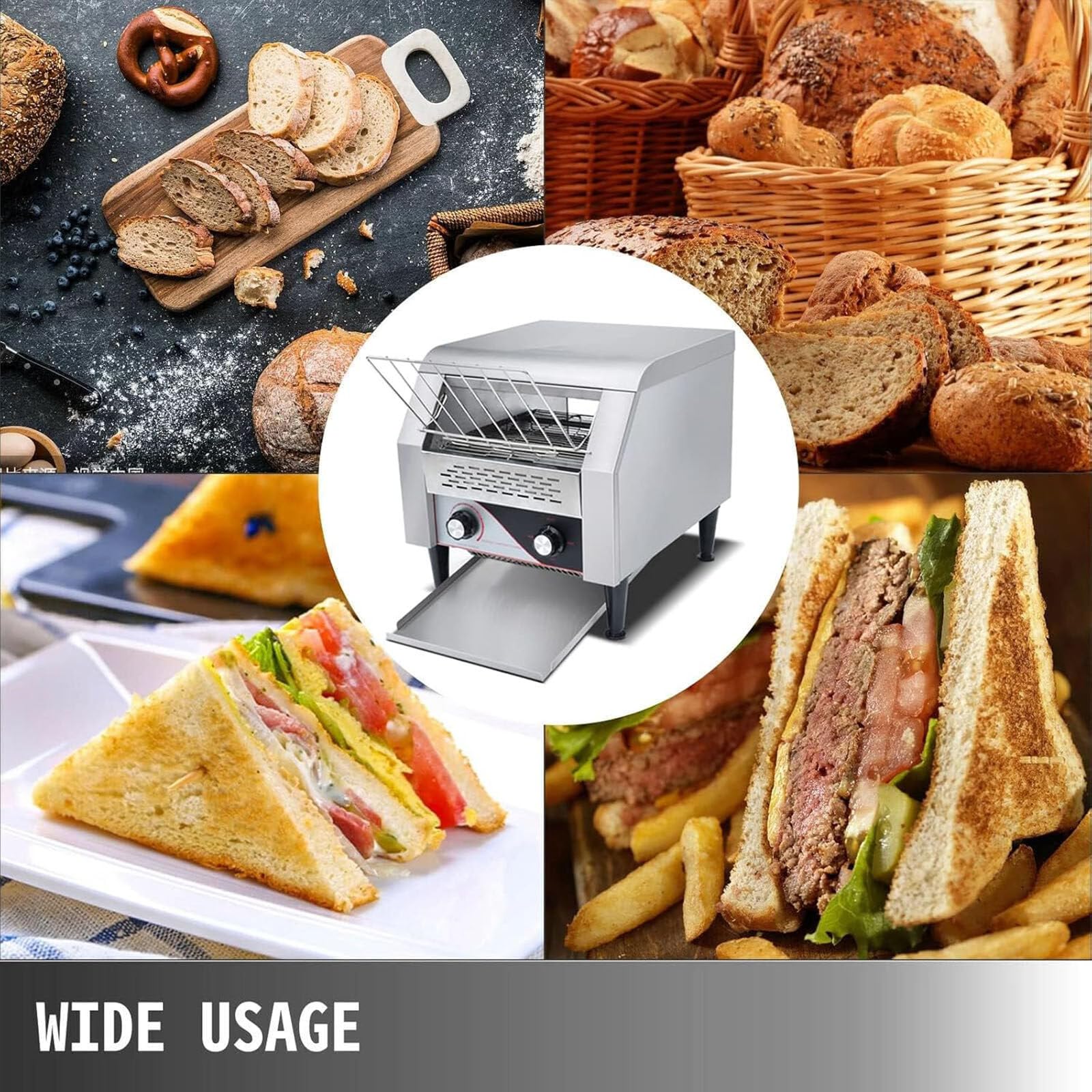 Tostadora comercial de acero inoxidable, profesional, con transmisión por cadena de calentamiento de 150/300/450 rebanadas/hora, para hoteles, restaurantes, bufés y panaderías.,300pieces/H