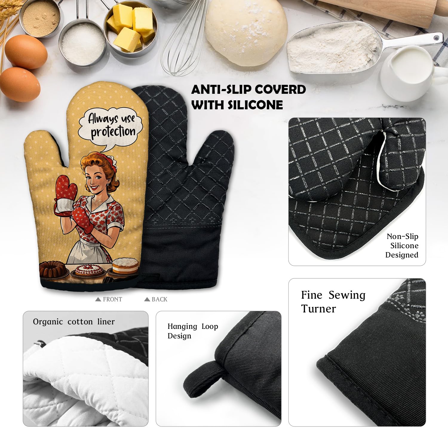 ZHANTUONE Always Use Protection - Juego de 2 guantes de horno resistentes al calor con silicona antideslizante, accesorios de cocina retro para ama de casa, regalos para amantes de los pasteles, mamá
