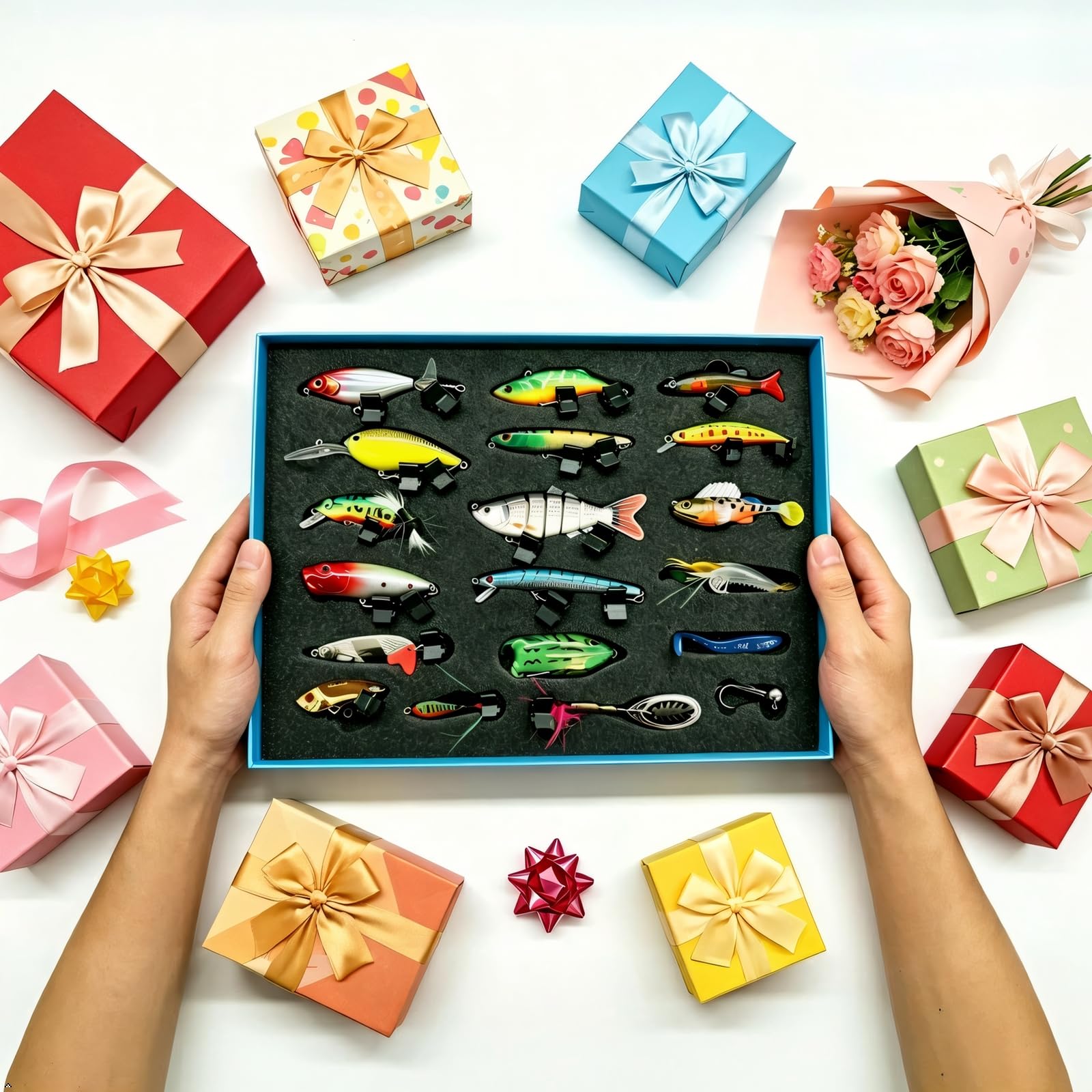 Angelköder und Köder-Set für Barsch, Forelle, Zander, Lachs, Hartplastik, Elritze, Popper, Kurbelköder mit Angelhaken, Salzwasser, Süßwasserausrüstung, Geschenkbox, 41-teilig