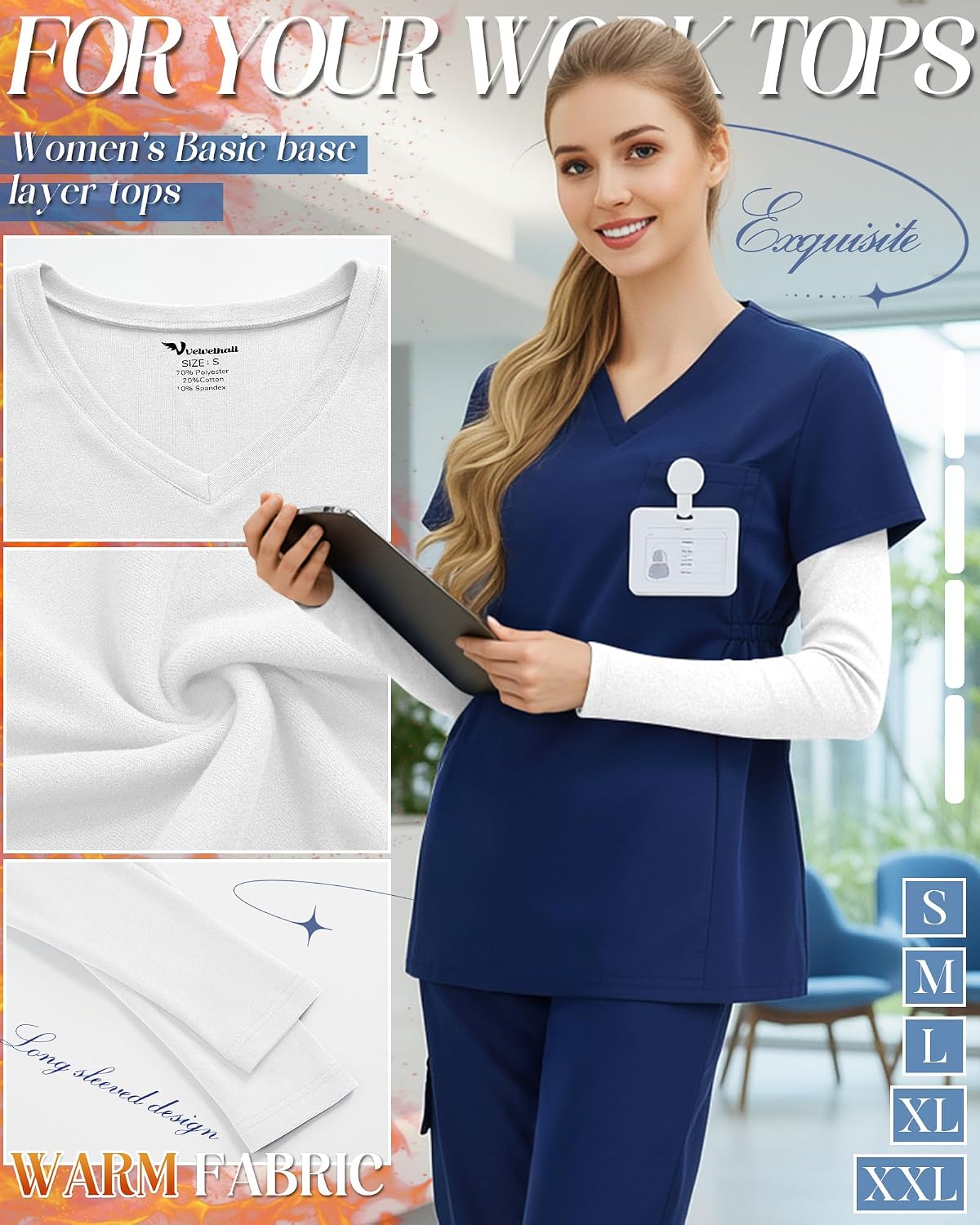 4 Pack Womens Thermal Fleece Underscrub Shirts Long Sleeve V Neck Tops Fitted Layering Undershirts for Nurse Basic