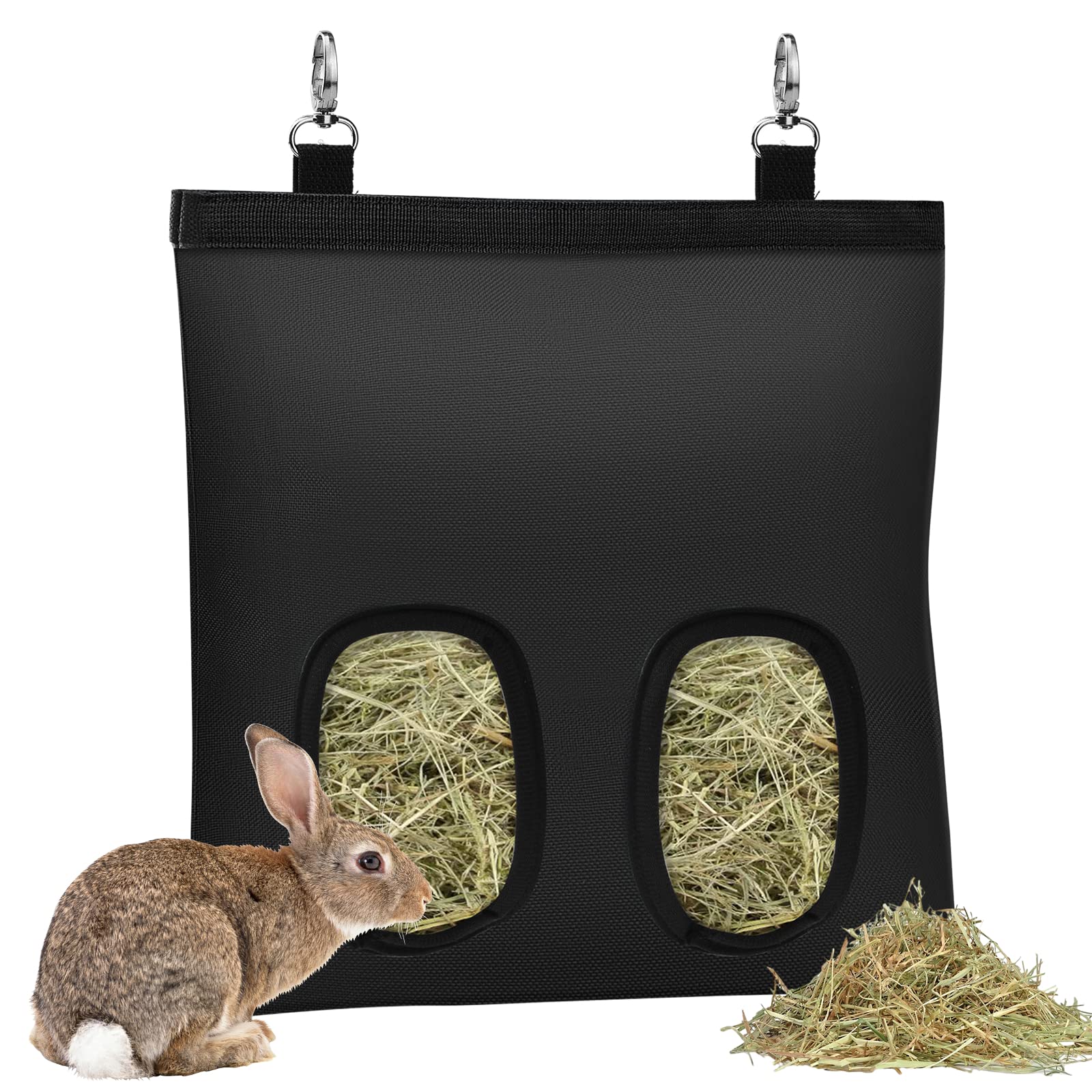 Rabbit Hay Feeder, Bunny Hay Bag for Rabbits,Rabbit Feeder Fabric Bag Feeder Storage Bag,2 Holes Large Capacity 600D Oxford Cloth Fabric Hanging Hay Feeder Bag for Small Animal,Hay Guinea Pig(Black)