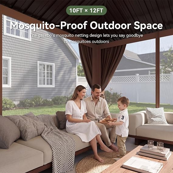 Aoxun Gazebo 10x12 Hardtop Gazebo with Double Galvanized Steel Roof, Brown | Metal Frame Outdoor Pavilion with Breathable Netting and Privacy Curtain for Backyard