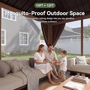Aoxun Gazebo 10x12 Hardtop Gazebo with Double Galvanized Steel Roof, Brown | Metal Frame Outdoor Pavilion with Breathable Netting and Privacy Curtain for Backyard