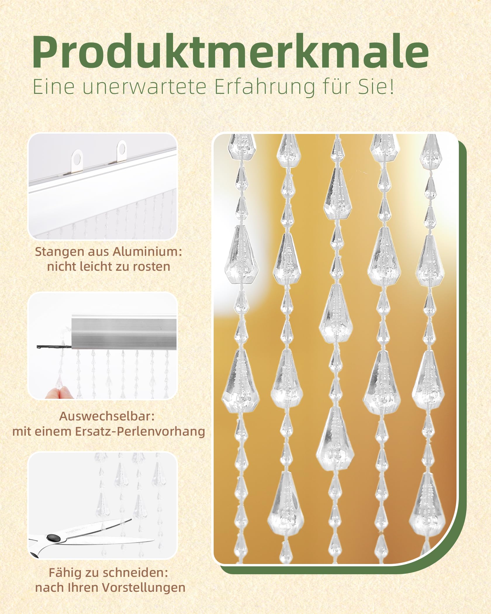 Transparent Perlenvorhang Balkontür 90x200cm, 60 Stränge Kunststoffperlenvorhang Perlenvorhang Türvorhang als Insektenschutz und Dekoration für Balkontür, Zimmer(Gezeiten Stil)