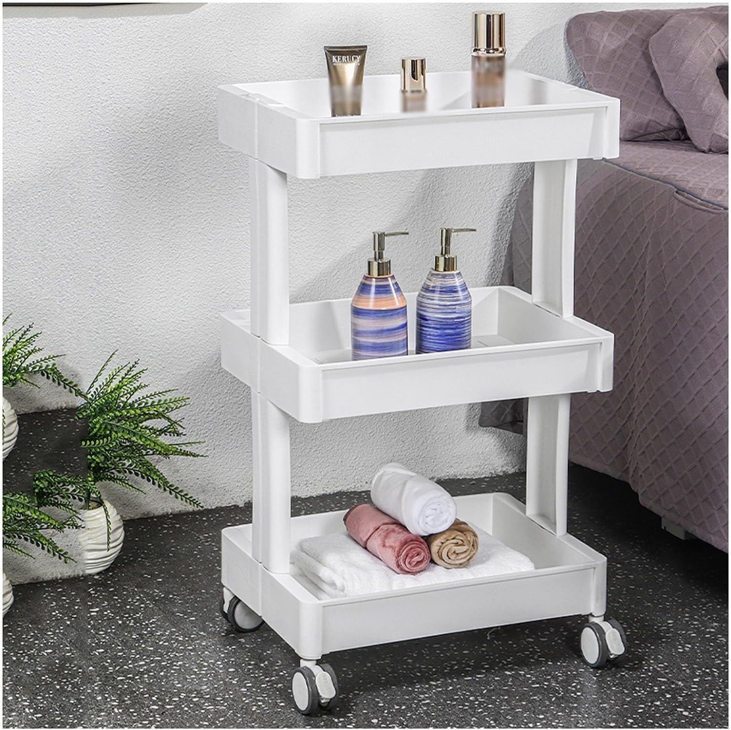 VUIKLCty Salon Rolling Cart 3 Tier Salon Trolley Abs Storage Cart With 360° Wheel Trolley Cart 7.5cm Heightened Guardrail Salon Cart