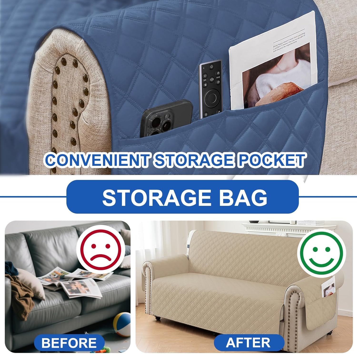 Waterproof Chair Covers for Living Room, Sofa Covers for Pets Washable with Side Pockets, Non Slip Couch Covers for Dogs, Quilted Dog Couch Cover with Elastic Straps (Armchair, Khaki)