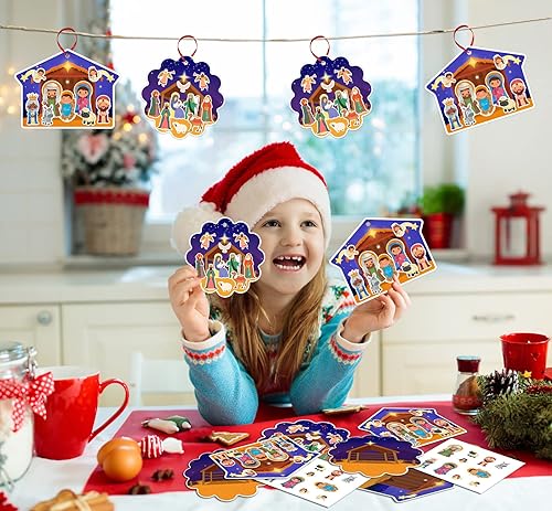 Miniatura 5 de FaCraft Manualidades de Natividad para niños, 24 piezas de calcomanías de escena de natividad, adornos de manualidades de Navidad, juego de belén