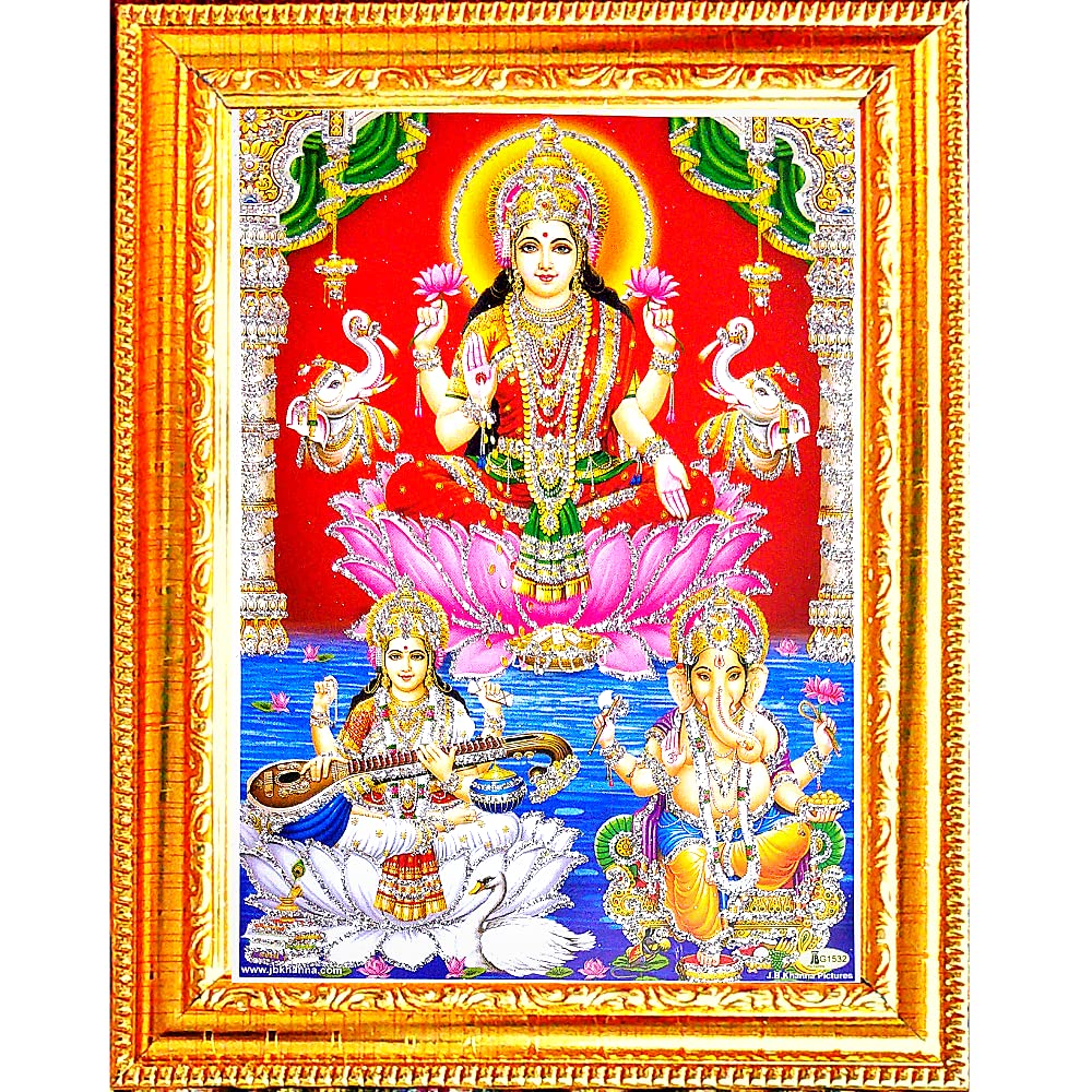 Buy Suninow Laxmi Ganesh Saraswati in red Background Photo Frame God