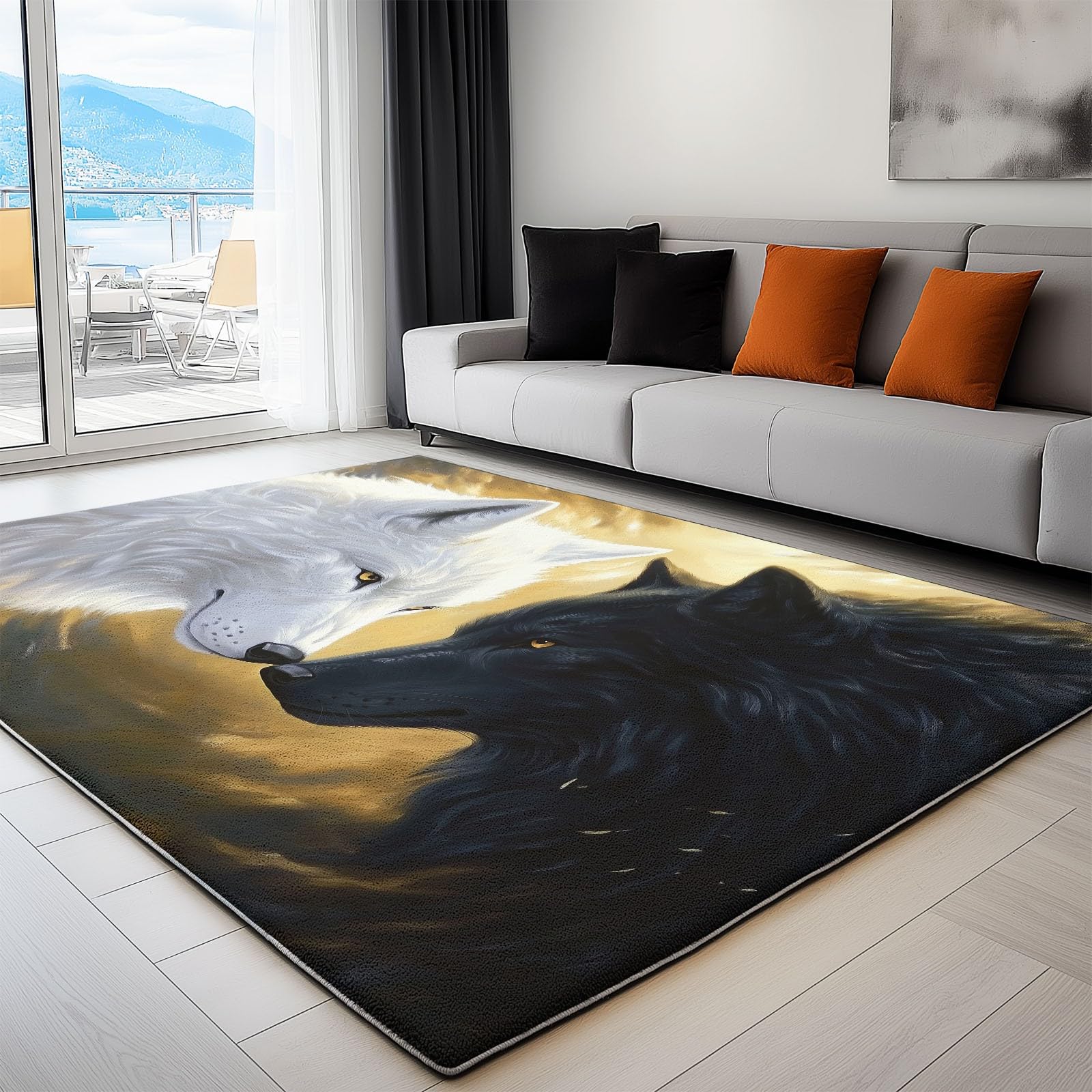 Tapis de salon loup noir et blanc 140x200 lavable et doux