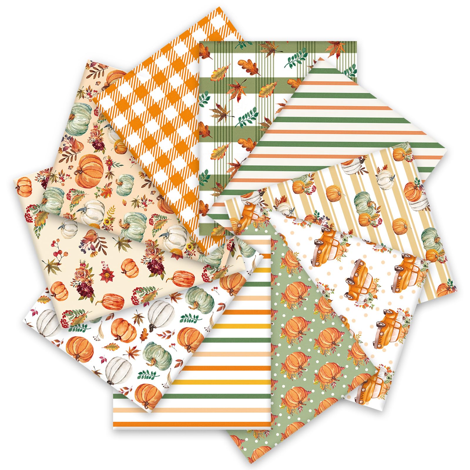 Whaline 10 fasci di tessuto di cotone autunnale con foglie di camion di zucca, foglie verdi arancioni autunnali per il Ringraziamento, trapuntatura, patchwork, per fai da te, cucito, artigianato