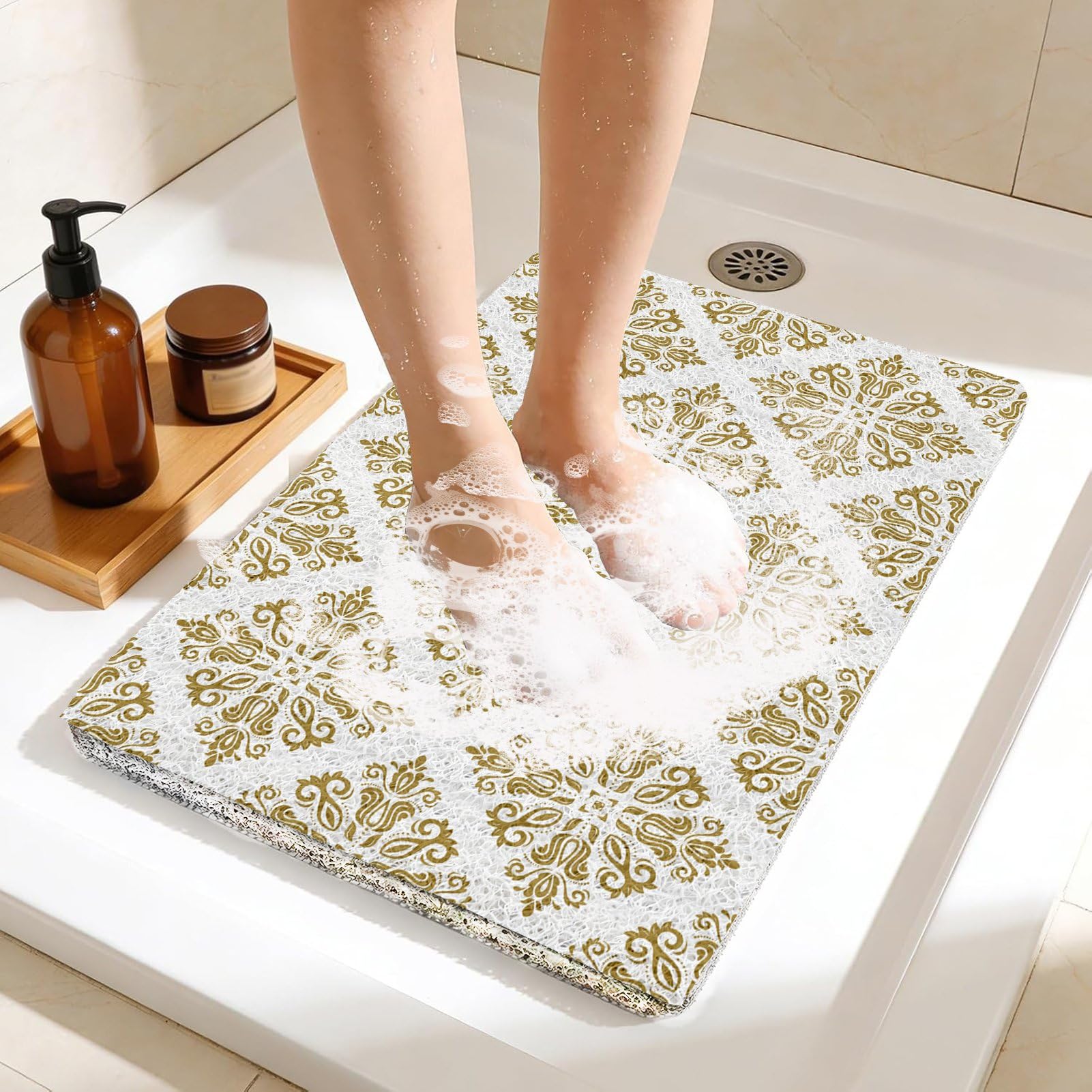 Alfombrilla de ducha antideslizante, 60 x 120 cm, suave, cómoda, de seguridad, alfombrilla de baño, alfombrilla antideslizante para bañera y zonas húmedas, color marfil