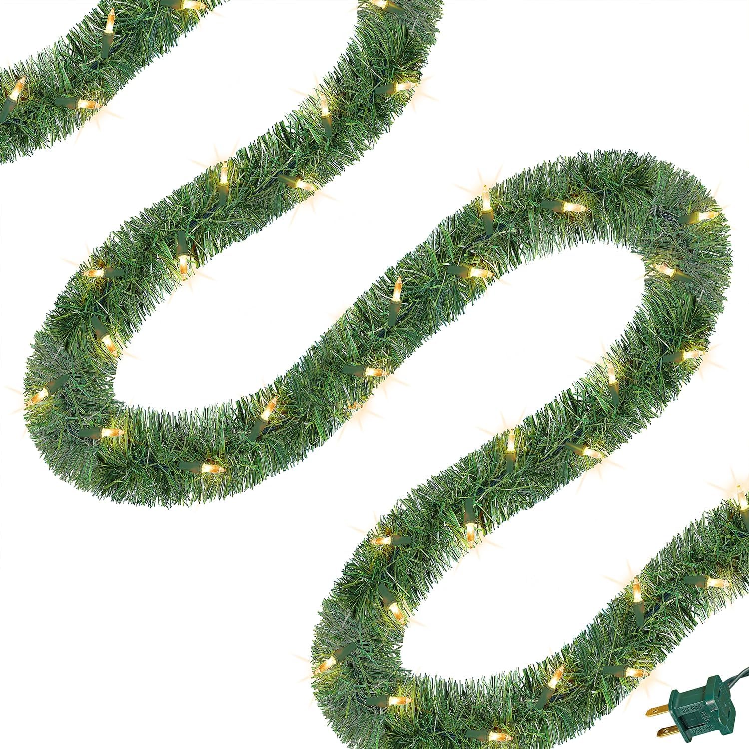 WATERGLIDE 49FT Lighted Christmas Green Garland with 100 Count Clear String Lights, Pre-lit Long Artificial Greenery Garlands, Plug in Holiday Decorative Lights for Indoor Outdoor Decor Warm White 49 FT
