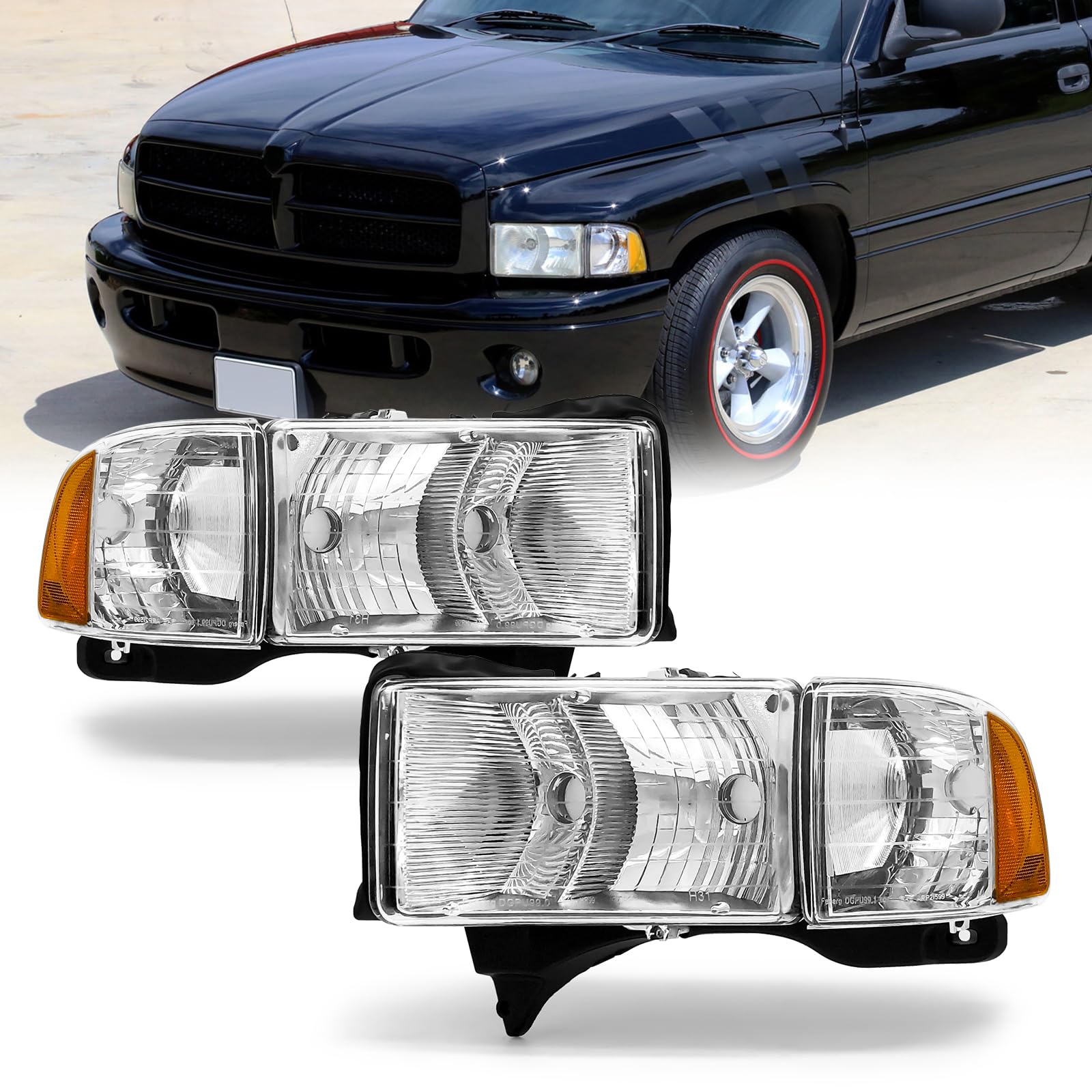 ADCARLIGHTS Headlight Compatible with Dodge Ram 1500 Sport/2500/3500 1999 2000 2001 Chrome Housing Amber Reflector Replacement Pair