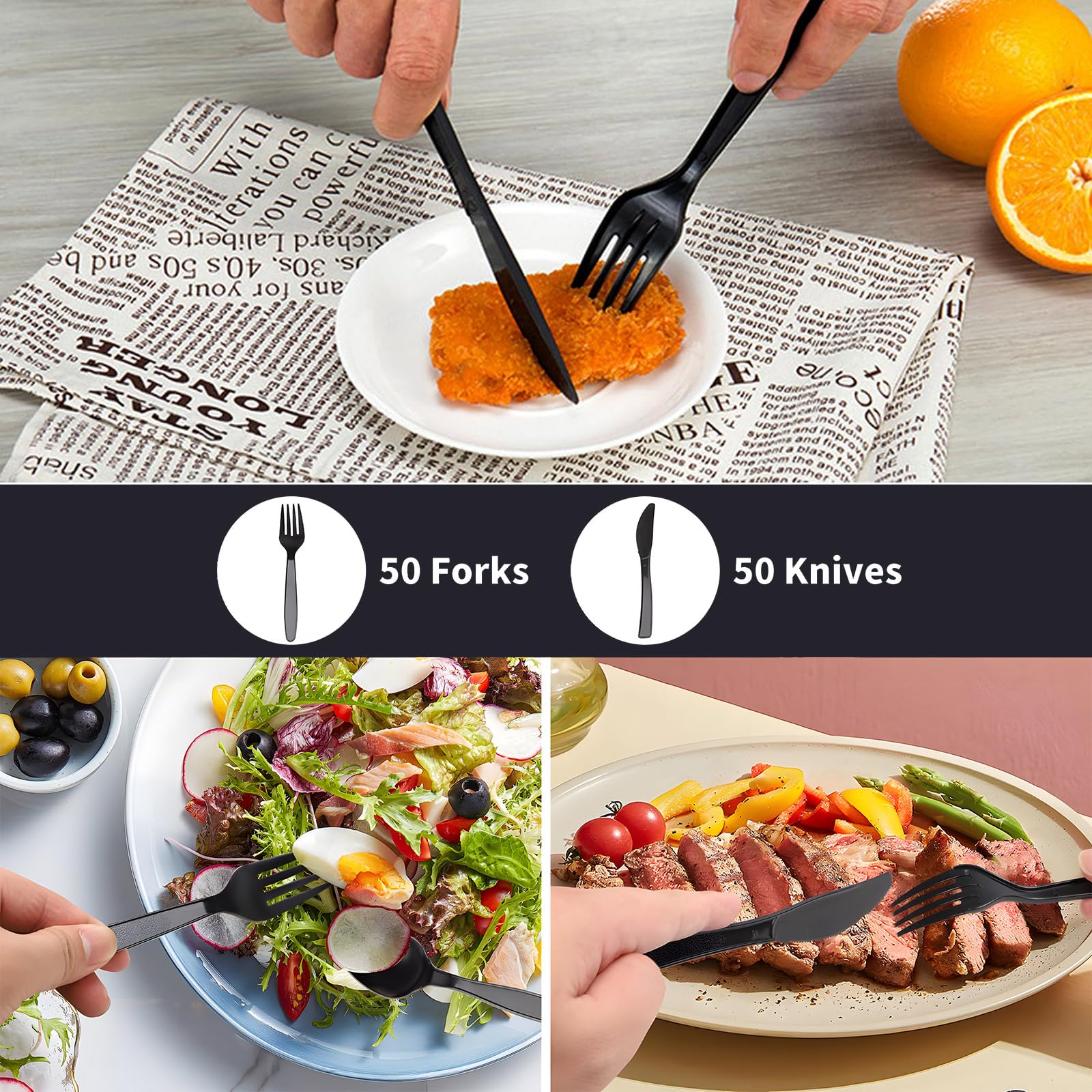 100 Stück Plastikbesteck, Plastik Besteck, Plastikbesteck Schwarz, Wiederverwendbar Set für Pizza, Dessert, 50 Plastikmesser & 50 Gabeln Plastikbesteck für Familienfeiern Outdoor Dinner, schwarz