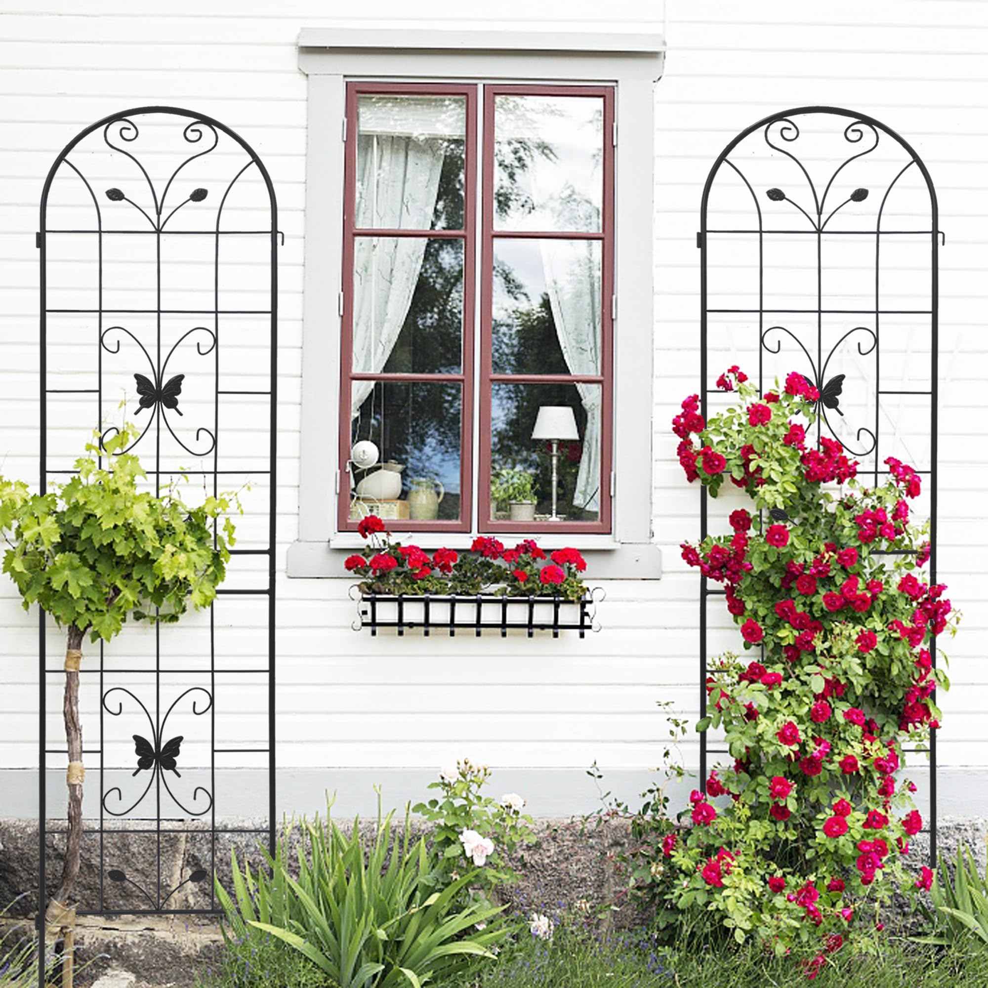 Rankgitter aus Metall 2er / 4er Set, 220 x 50 cm, Pflanzenstütze für Kletterpflanzen und Rosen, Rankgitter für Garten, Balkon, Terrasse und Innenbereich, Schwarz (2er Set)