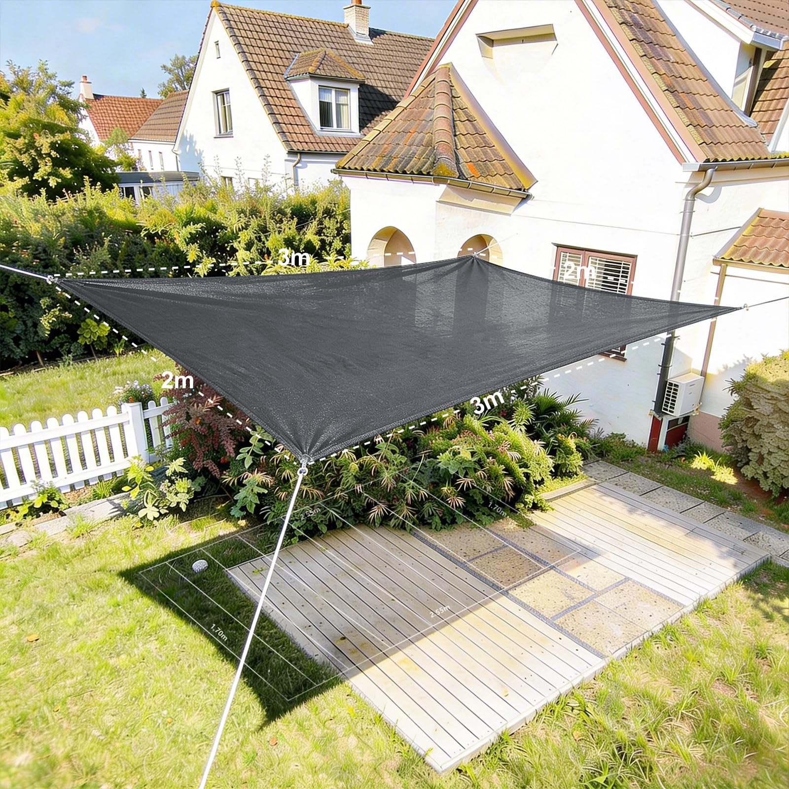 HAIKUS Sonnensegel 2x3 m Rechteckig, Premium HDPE UV Schutz Sonnenschutz Atmungsaktiv Wetterbeständig für Garten Balkon und Terrasse, inkl Befestigungsseile, Rechteck 2x3m Grau