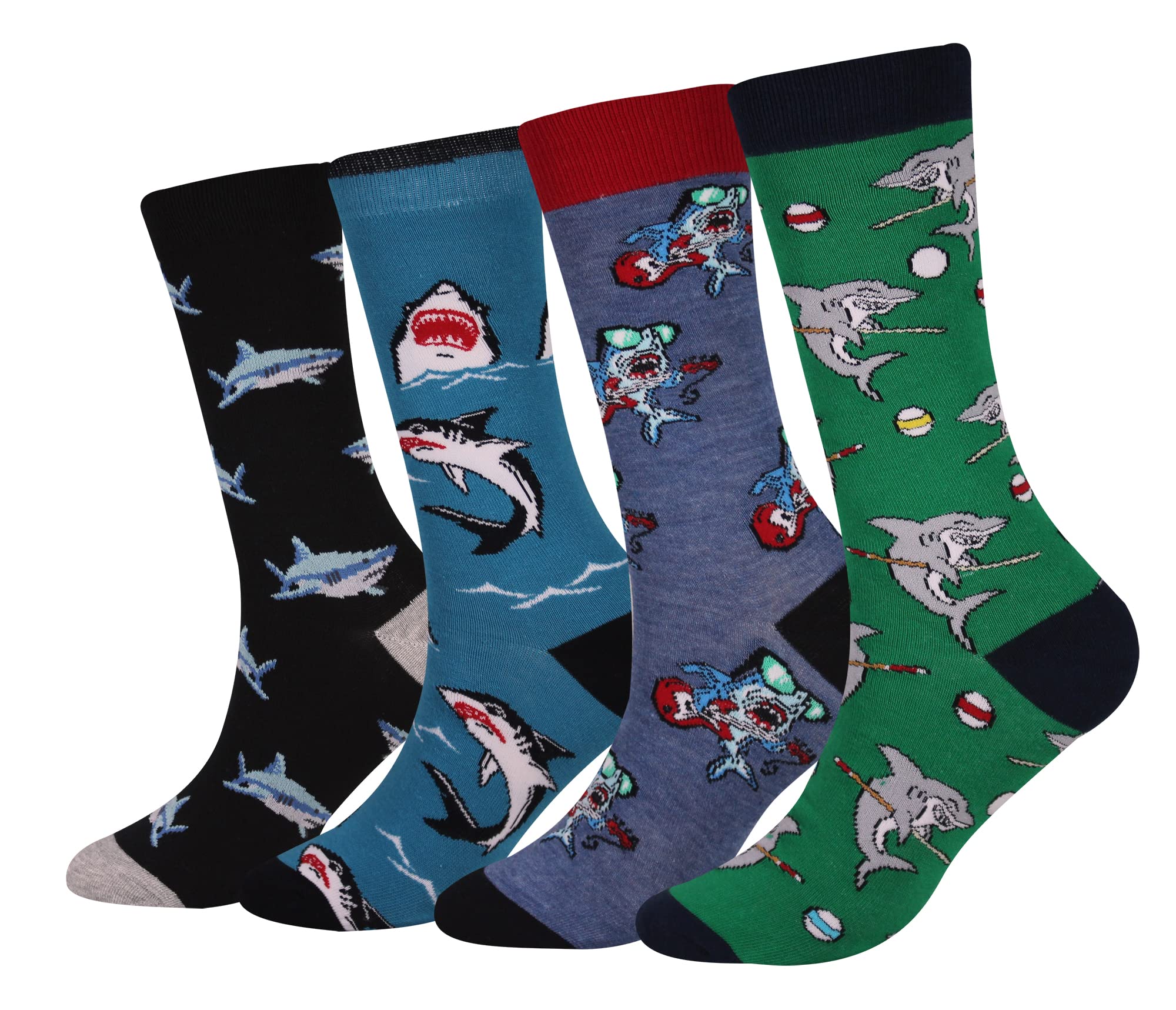 Cansok Men's Animal Snooker Socks Funky Novelty Dress Crew Socks (Music Guitar Shark Billiards - 4 Pairs)
