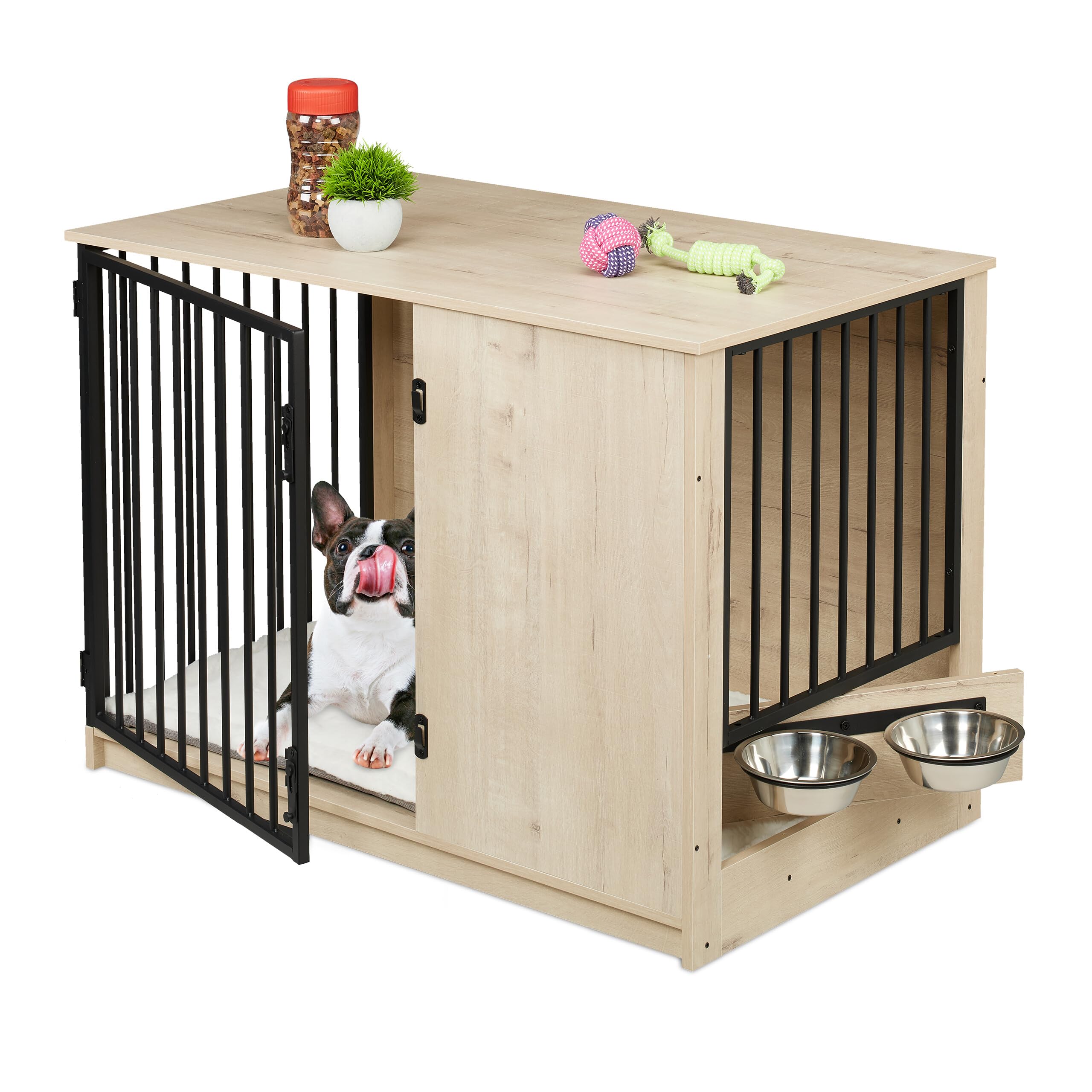 Relaxdays Jaula Perros, Mueble Mascotas Interior, 65,5x102x60 cm, con 2 Cuencos Giratorios, MDF y Acero, Gris y Negro