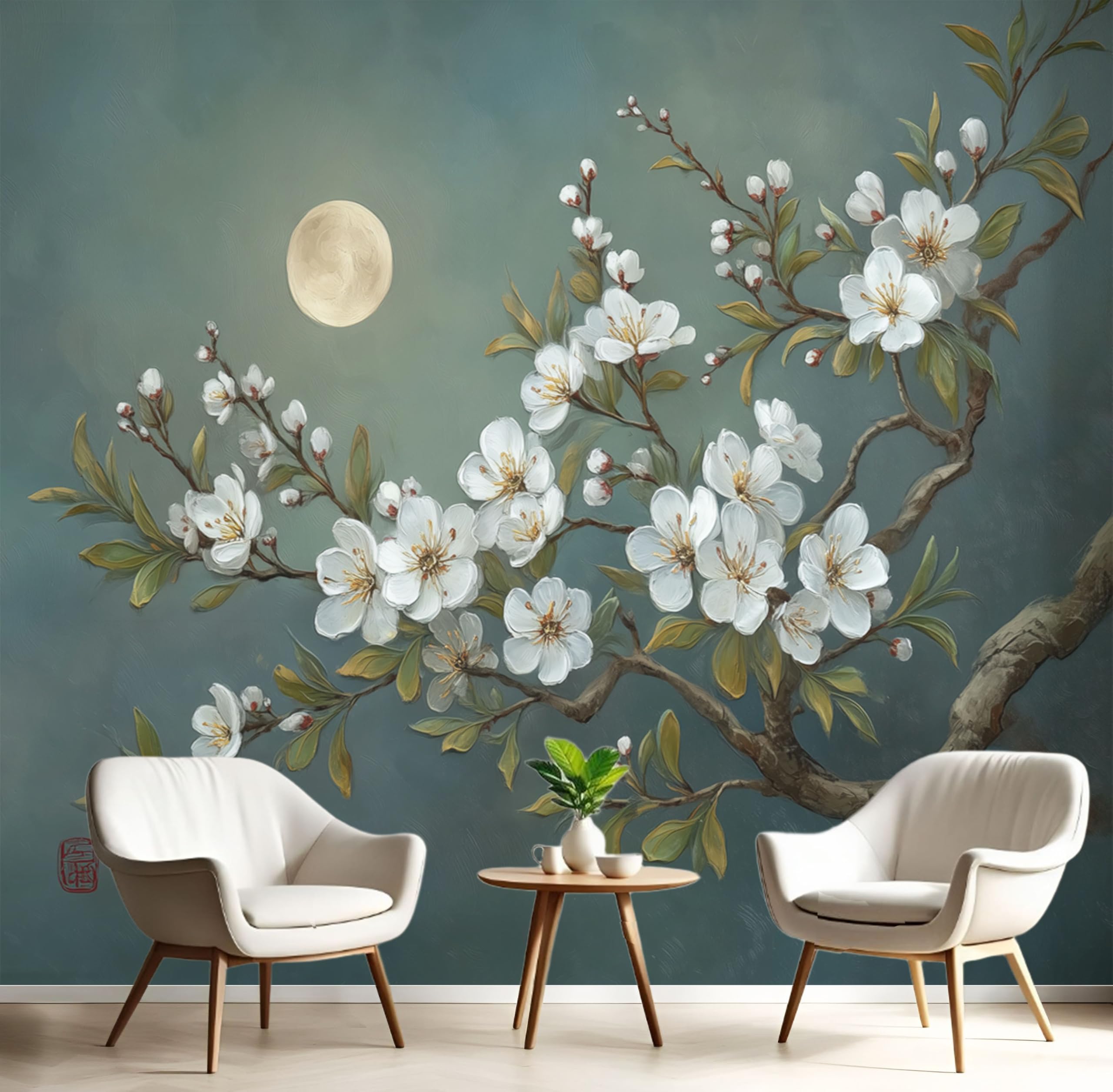 Papier peint fleurs de prunier lune pour illuminer un salon sombre ou sans relief