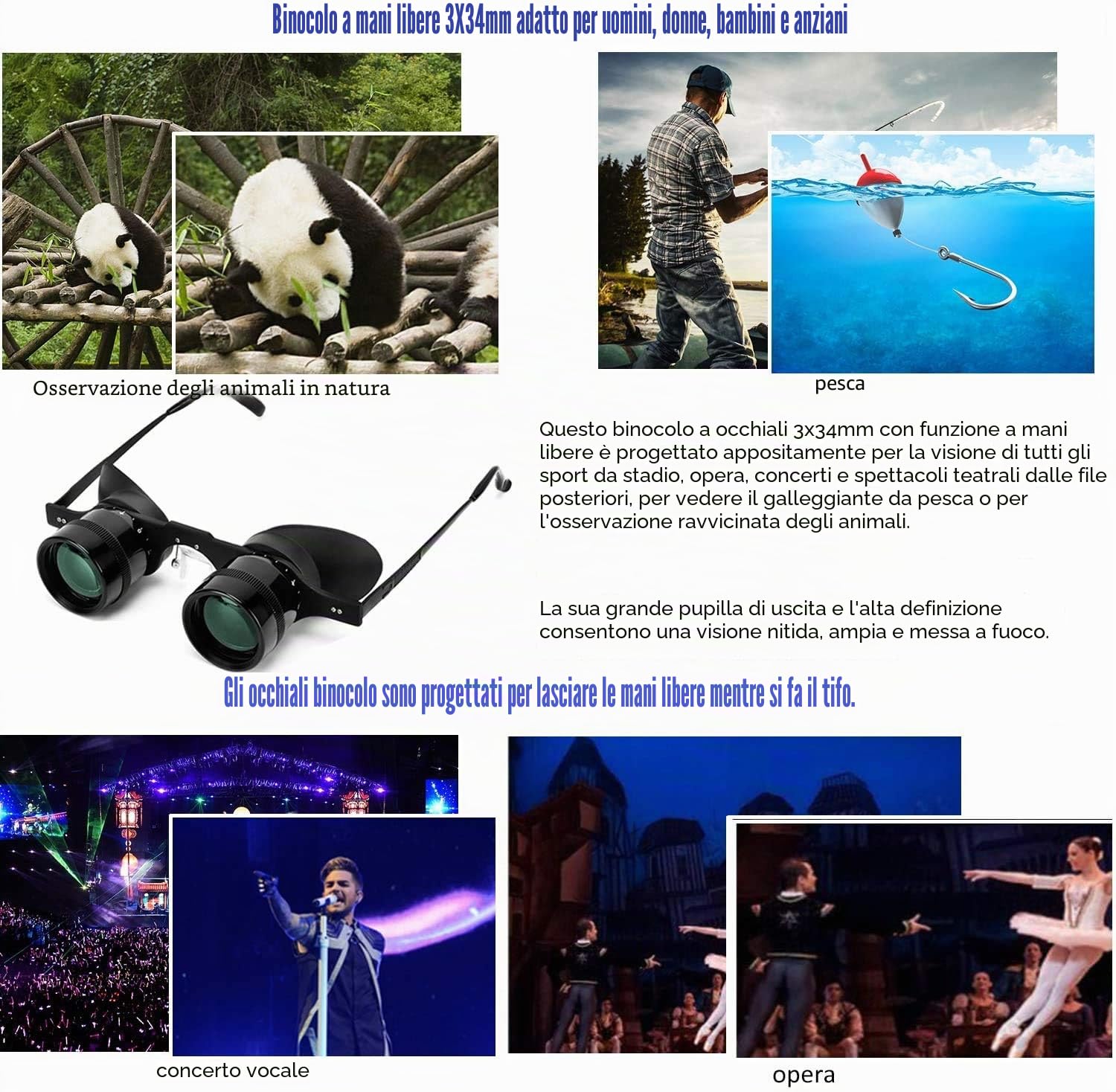Occhiali Binoculari 3x – Leggeri E Regolabili Per Pesca, Birdwatching, Sport E Concerti, Con Lenti Polarizzate Gialle - 3